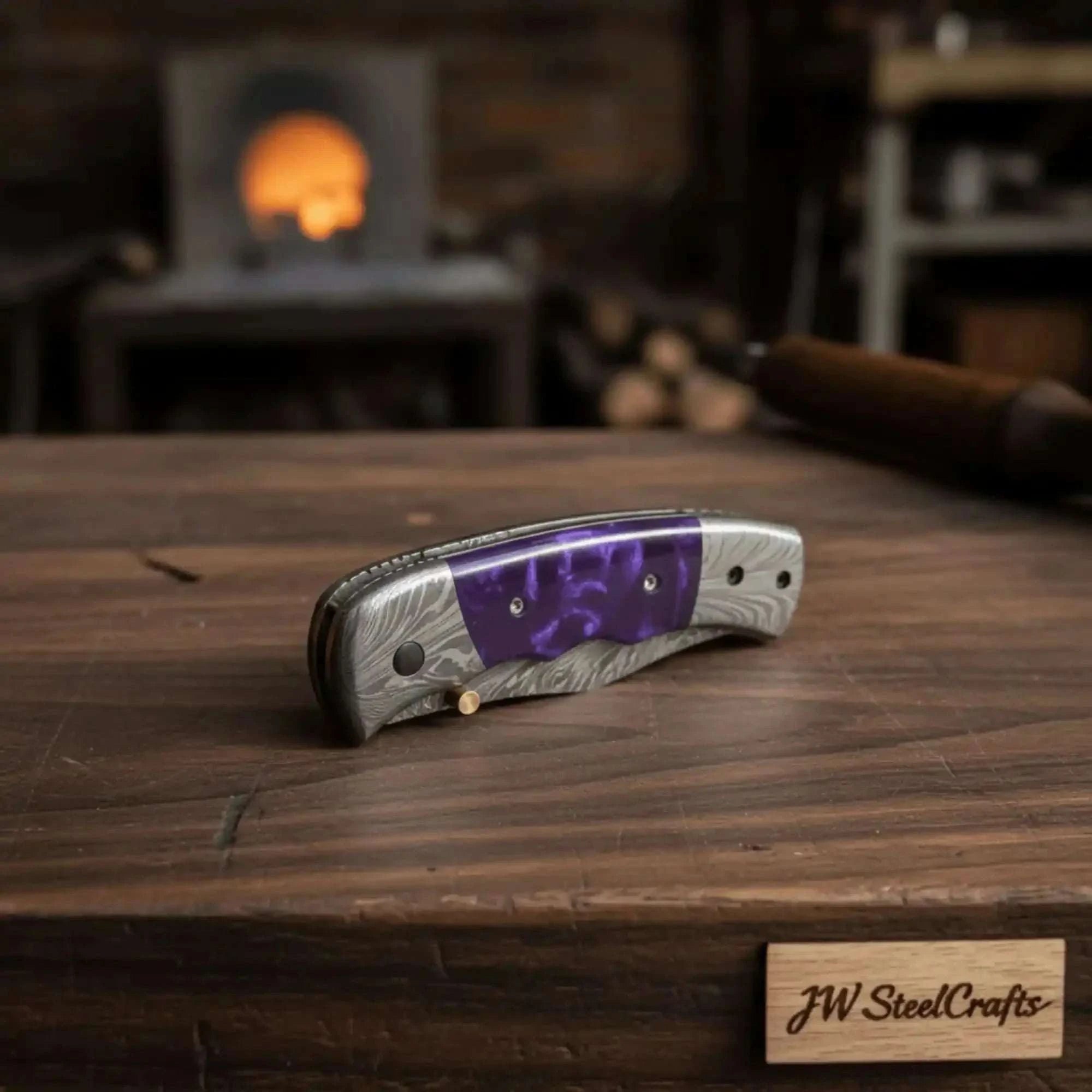 Palmarius Outdoors Purple Feather Damascus Folder with Purple Resin Handle Liner Lock Folder