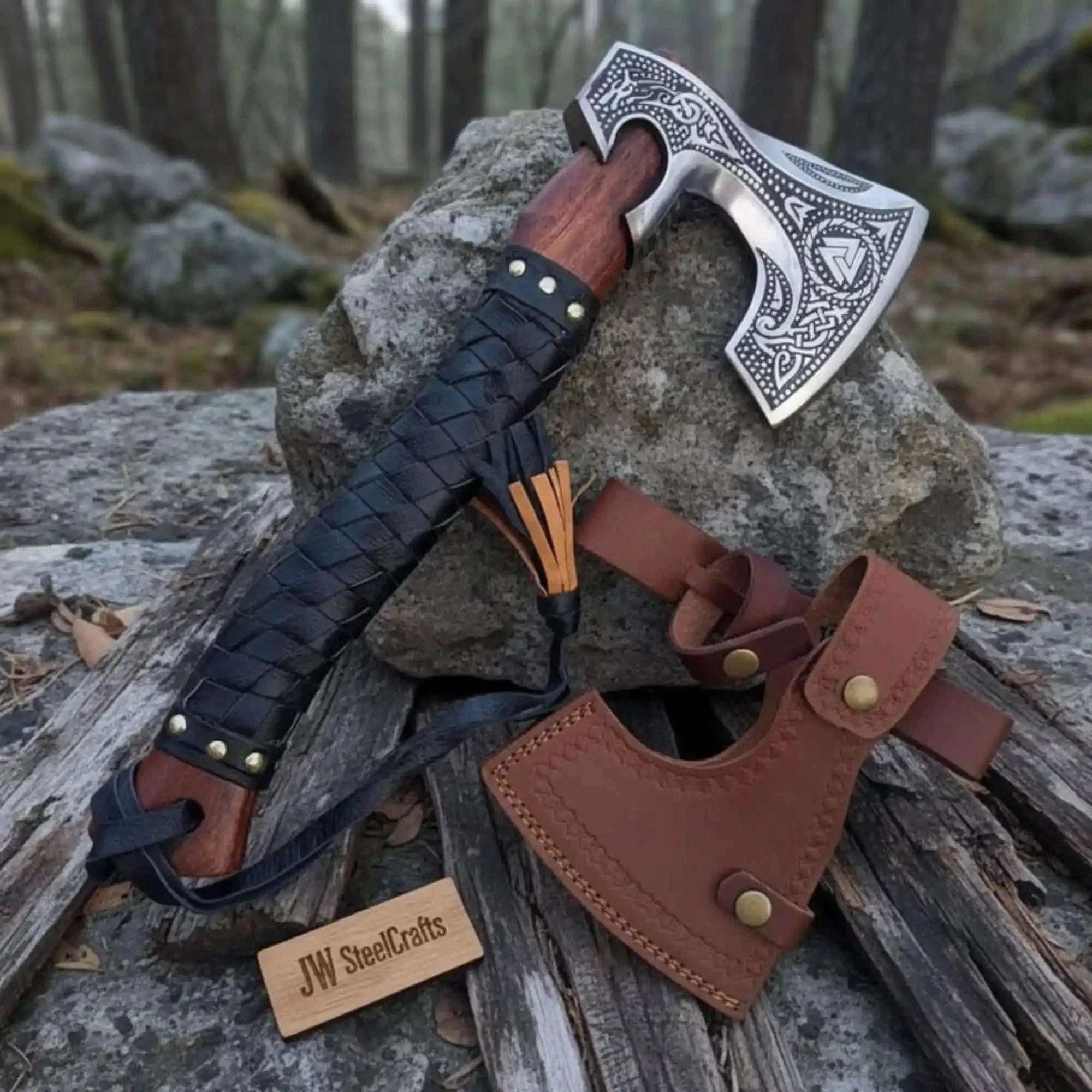 Palmarius Outdoors Engraved Floki Axe with Woven Leather Wrap Handmade Axe