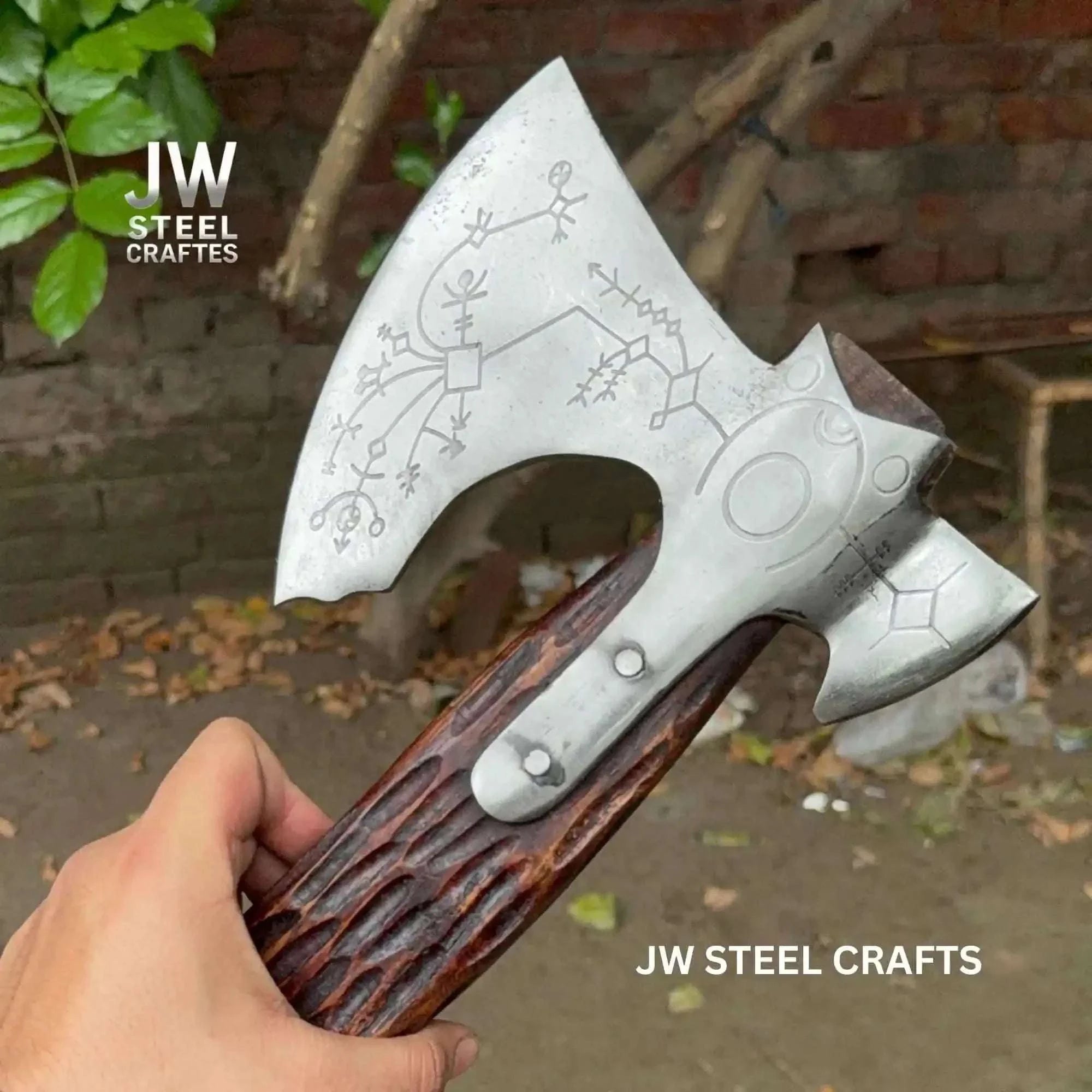 Palmarius Outdoors Engraved Leviathan Axe Replica with Carved Wood Handle Handmade Axe
