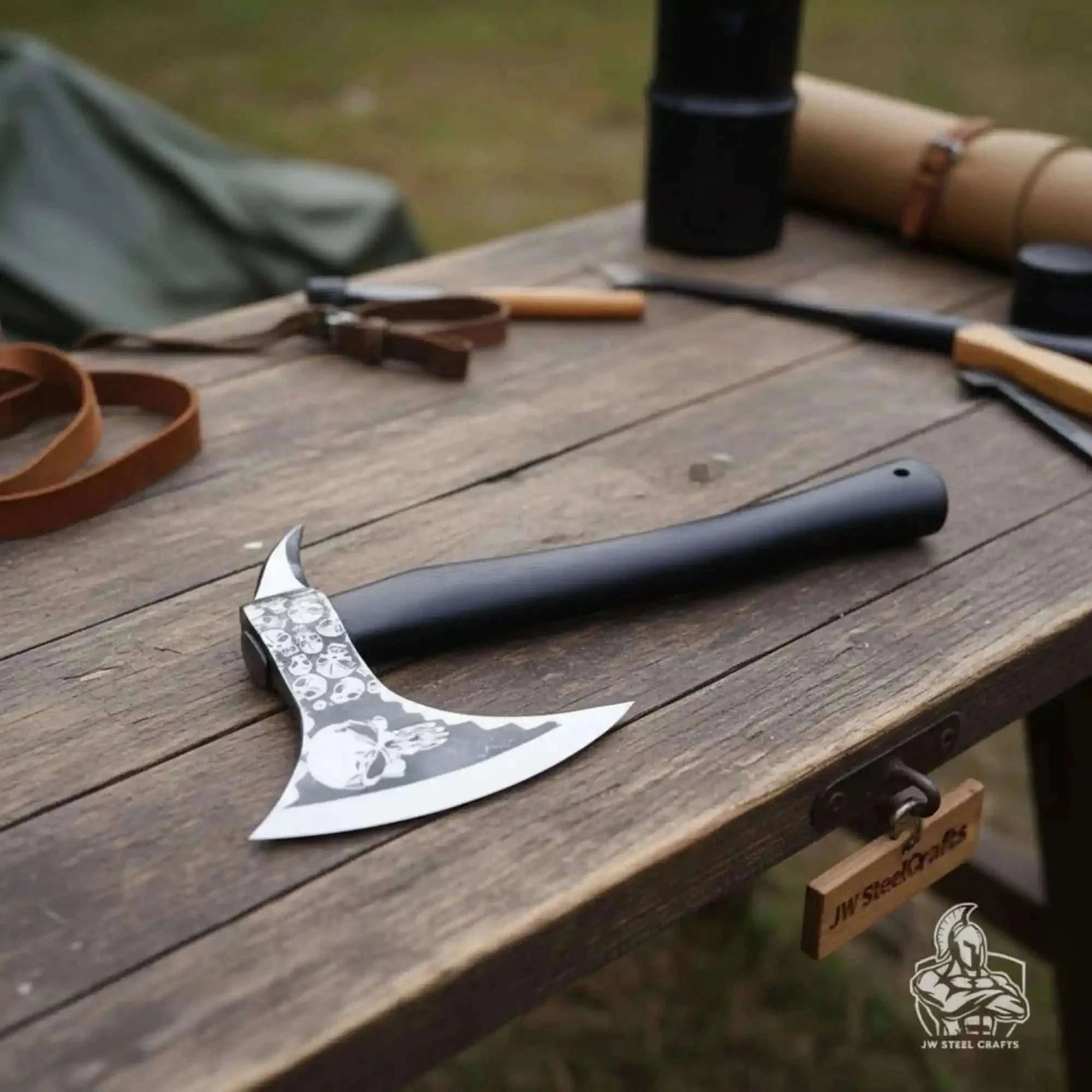 Palmarius Outdoors Hand-finished Bearded Axe – Detailed Etched Steel Head with Minimalist Black Handle Handmade Axe