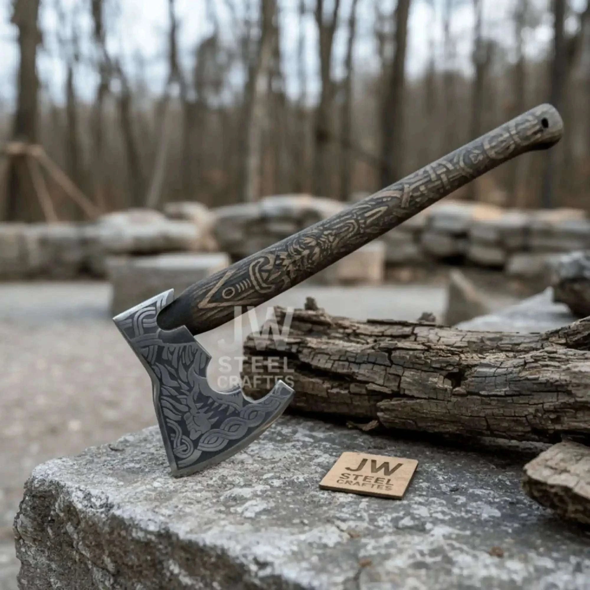 Palmarius Outdoors Handcrafted Viking Shield and Engraved Axe Set with Raven Motif and Norse Knotwork Handmade Axe