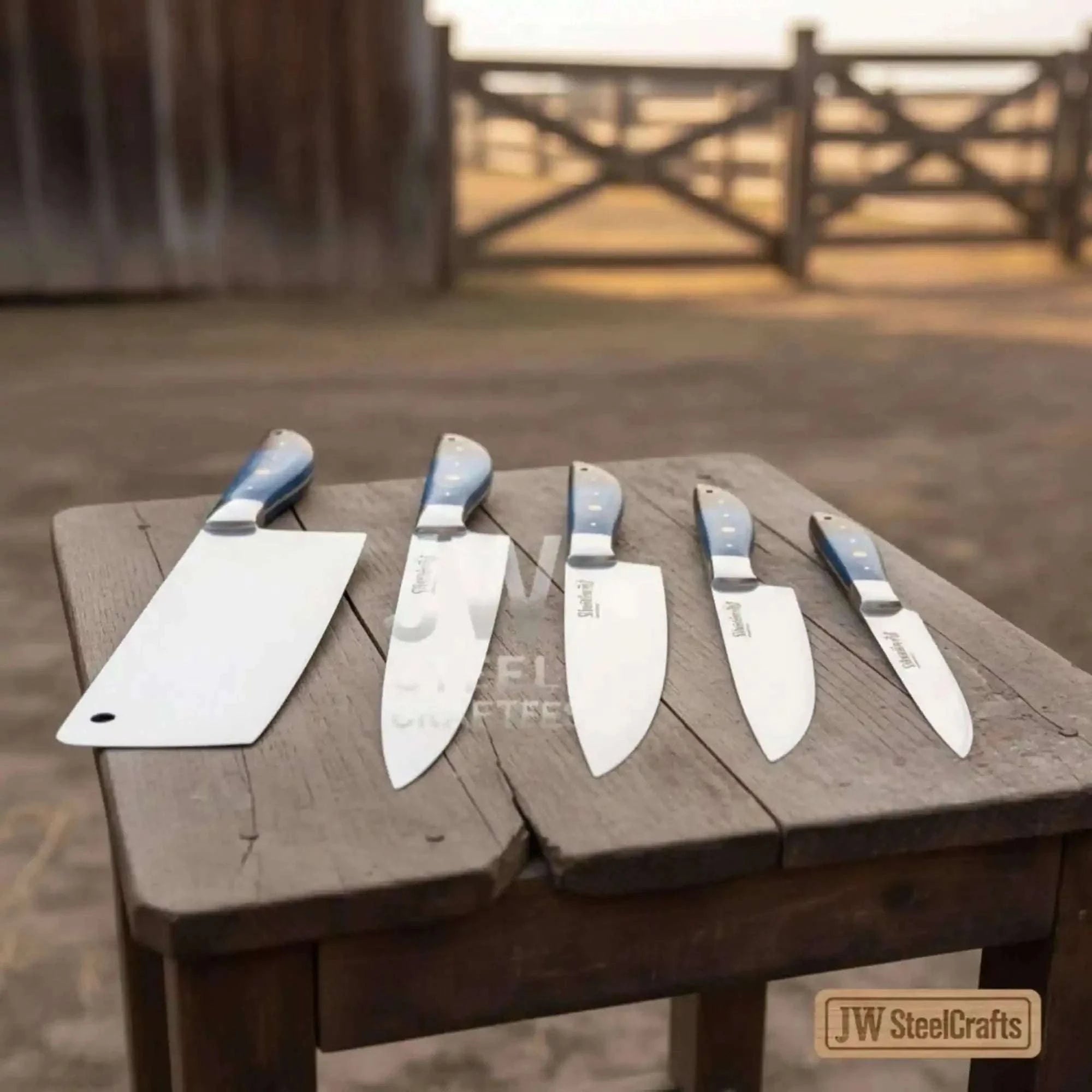 Palmarius Outdoors Blue Wood Damascus Chef Knife Set: 5-Piece Handmade Collection Handmade Chef Knife Sets