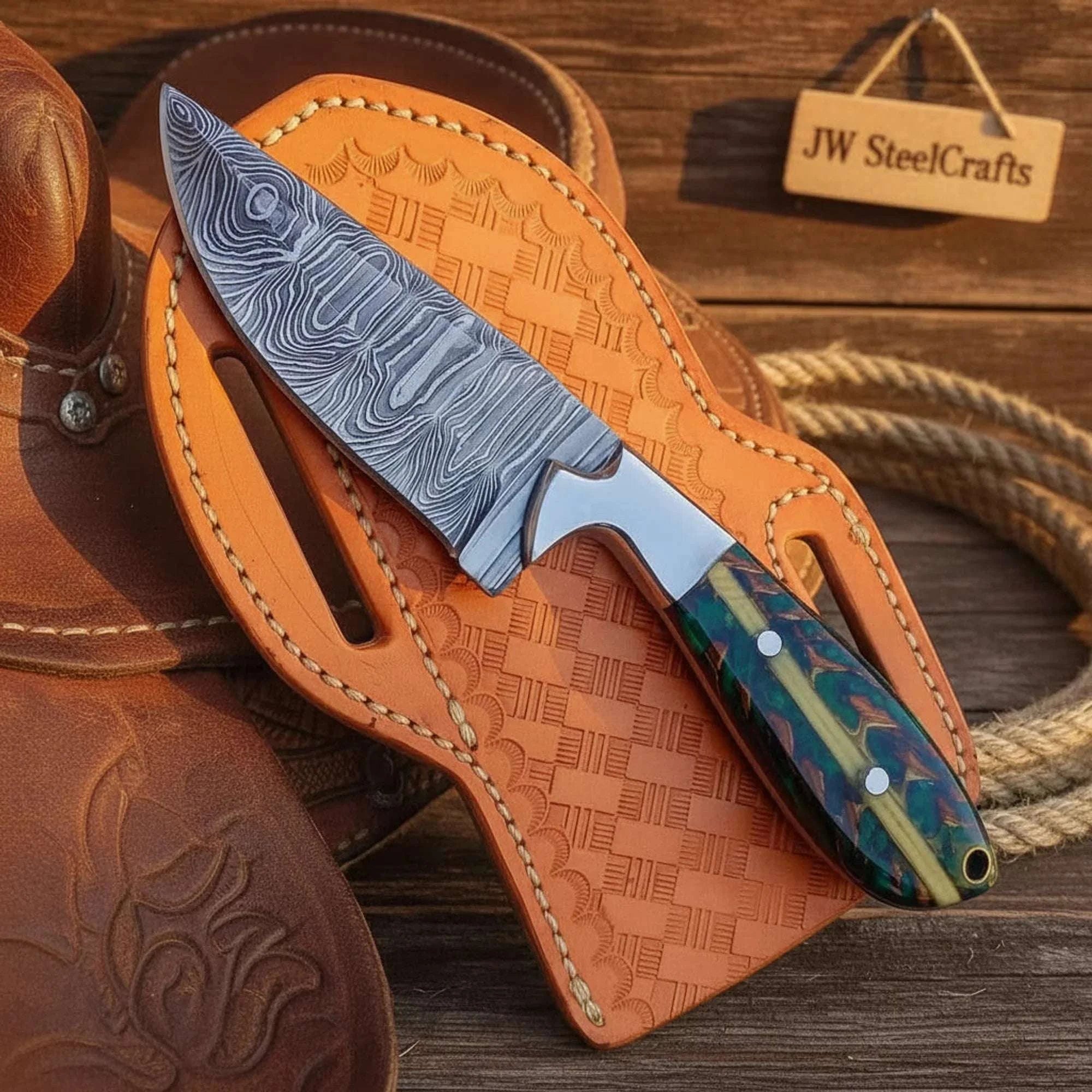 Palmarius Outdoors Custom Cowboy Damascus Fixed Blade Knife 7.5" Green Pinecone Handle Steel Bolster Leather Sheath 