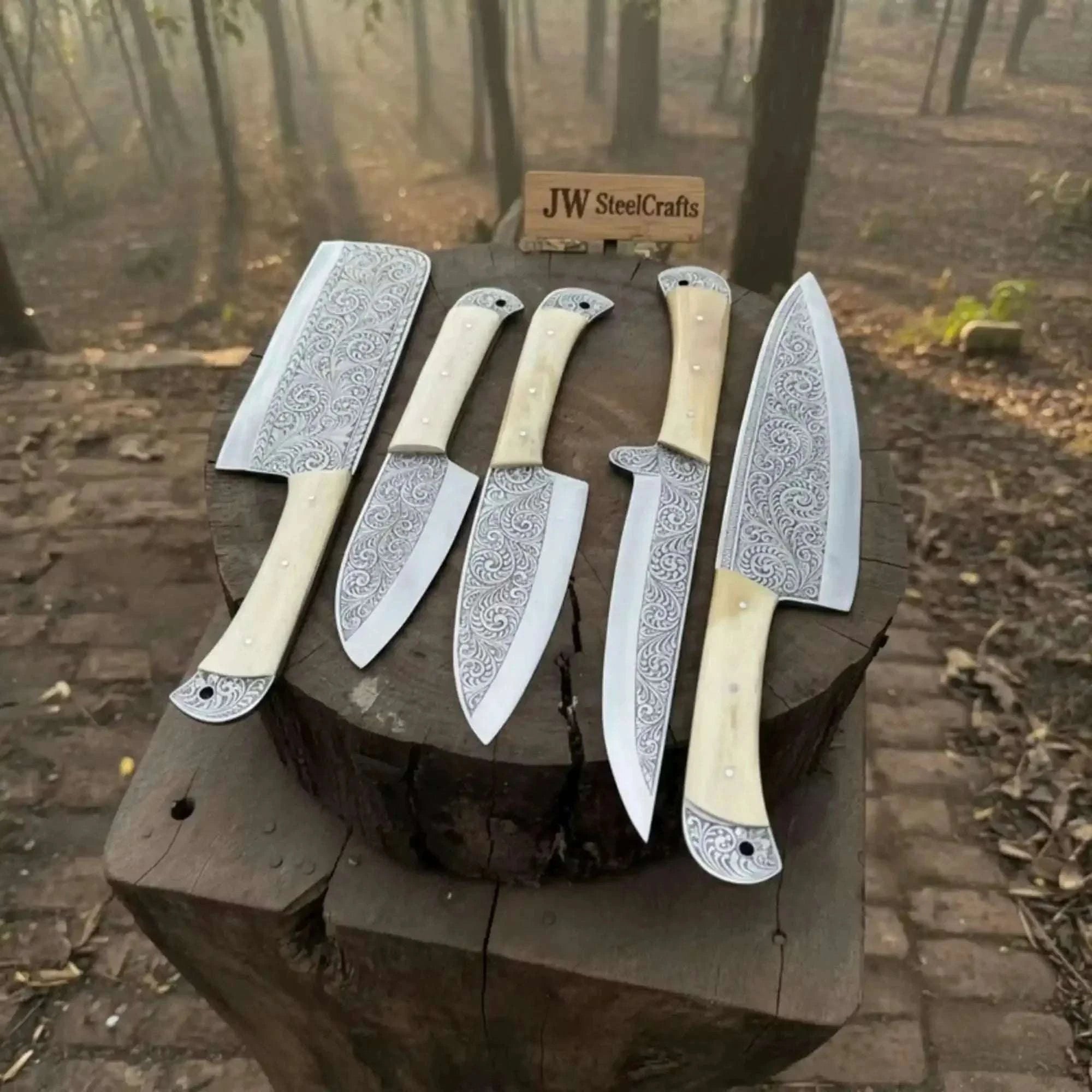 Palmarius Outdoors High Carbon Steel Butcher Knife Set – Cleaver, Chef, Slicer, Boning & Utility Knives, Hand Engraved Blades, Bone Handles, Full Tang 