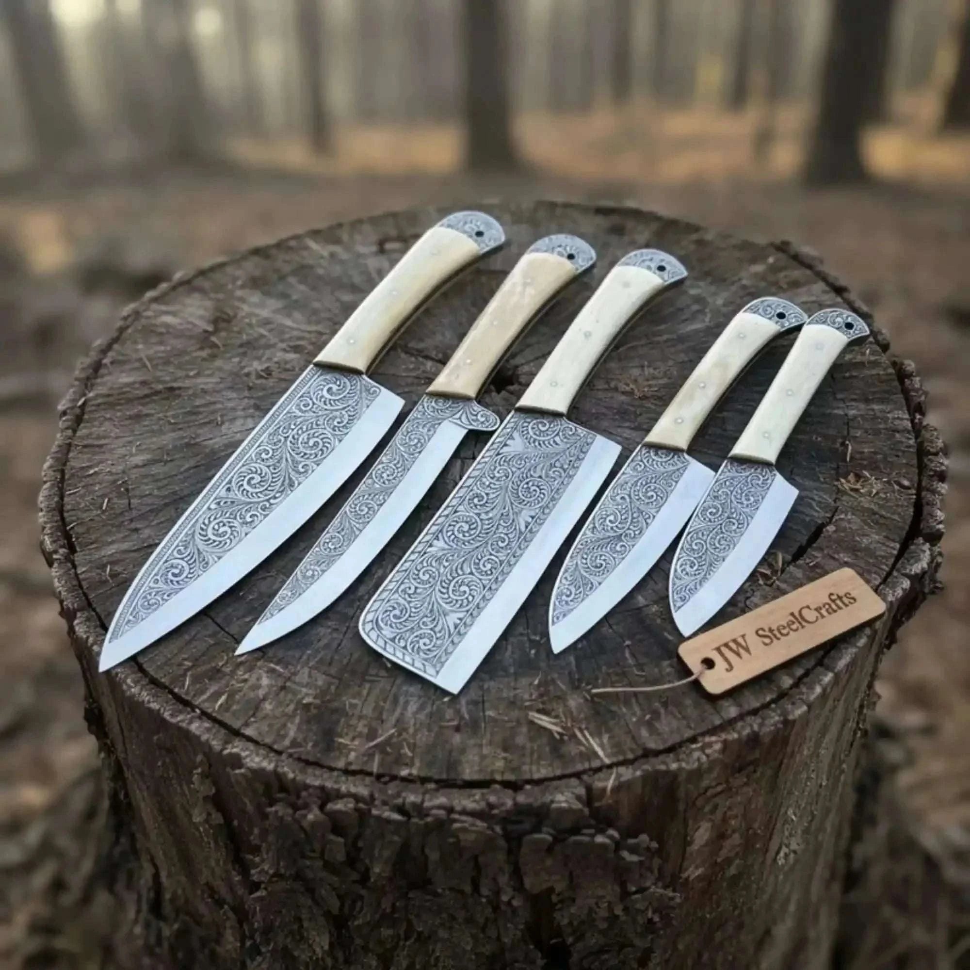 Palmarius Outdoors High Carbon Steel Butcher Knife Set – Cleaver, Chef, Slicer, Boning & Utility Knives, Hand Engraved Blades, Bone Handles, Full Tang 