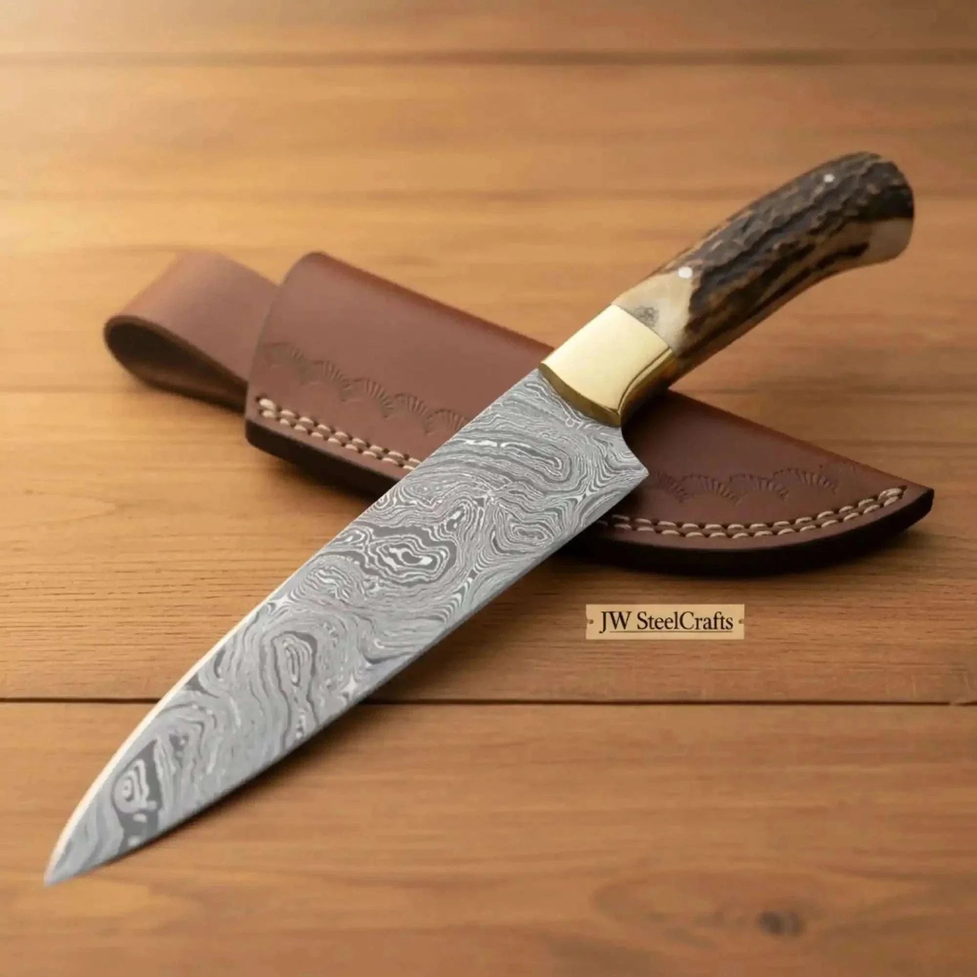 Palmarius Outdoors Custom Damascus Clip Point Hunting Knife Stag Handle Fixed Blade Outdoor Utility with Sheath 