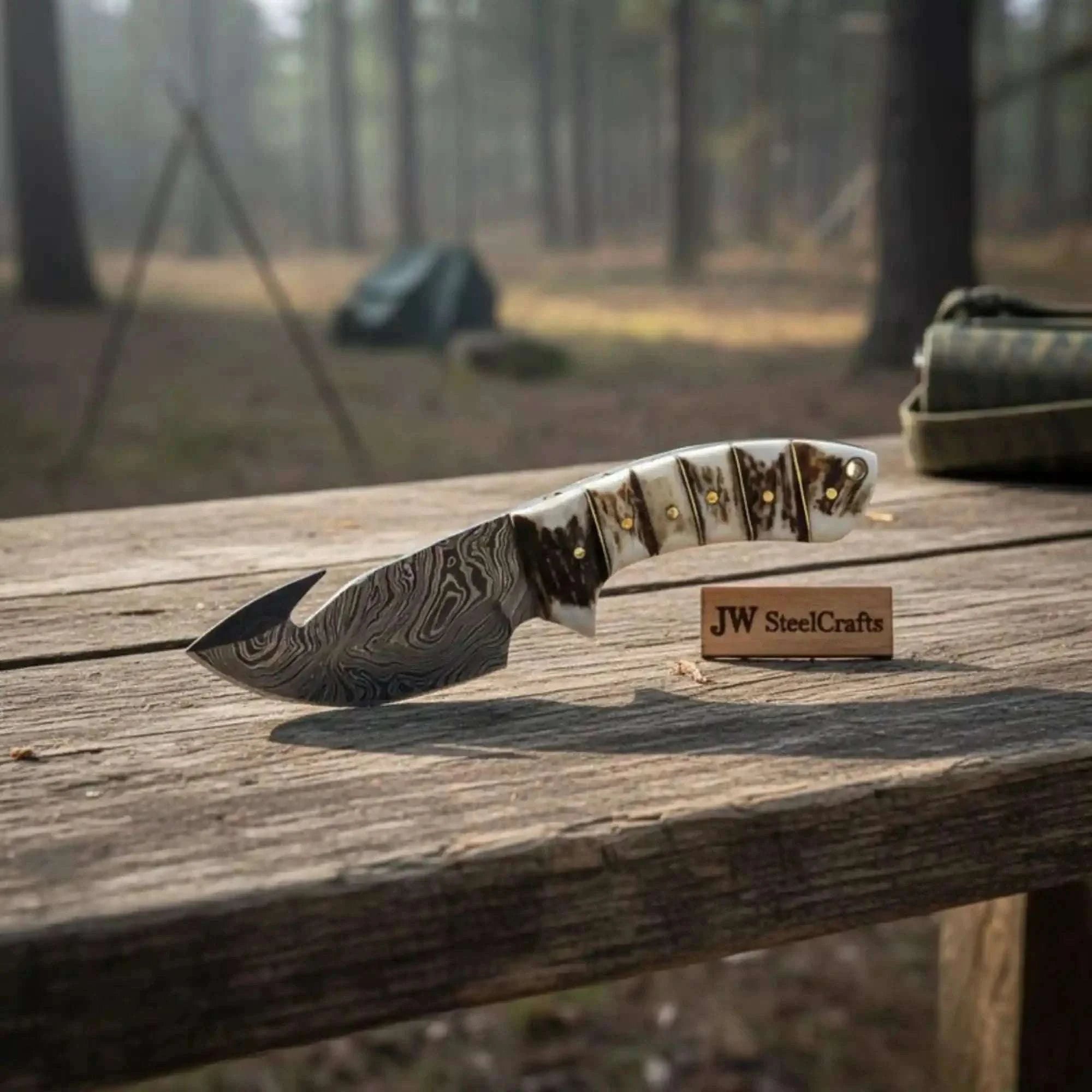 Palmarius Outdoors Damascus Steel Skinner Knife w/ Stag Handle and Gut Hook Fixed Blade Knife Handmade Gut Hook Knives