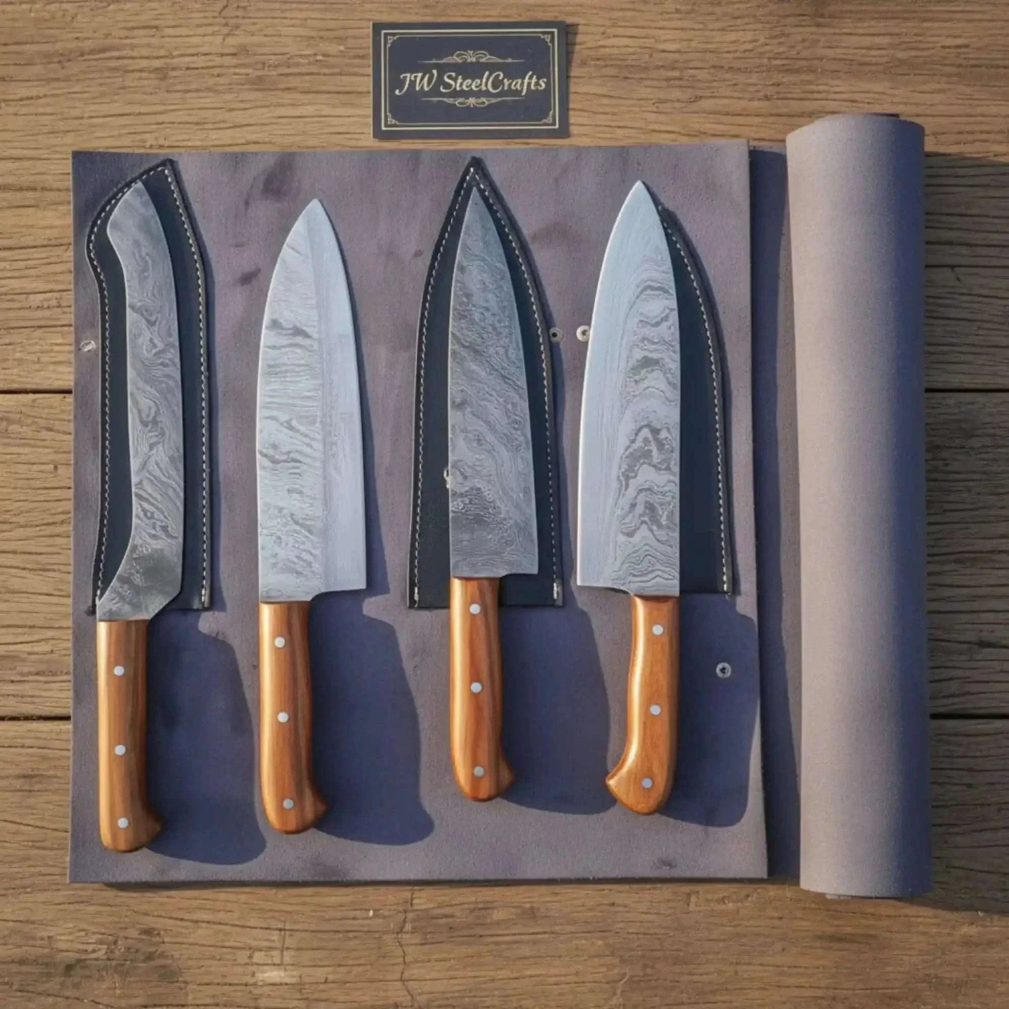 Palmarius Outdoors 4-Piece Damascus Nakiri Gyuto Santoku Knife Set with Wood Grain Damascus Blades Handmade Chef Knife Sets