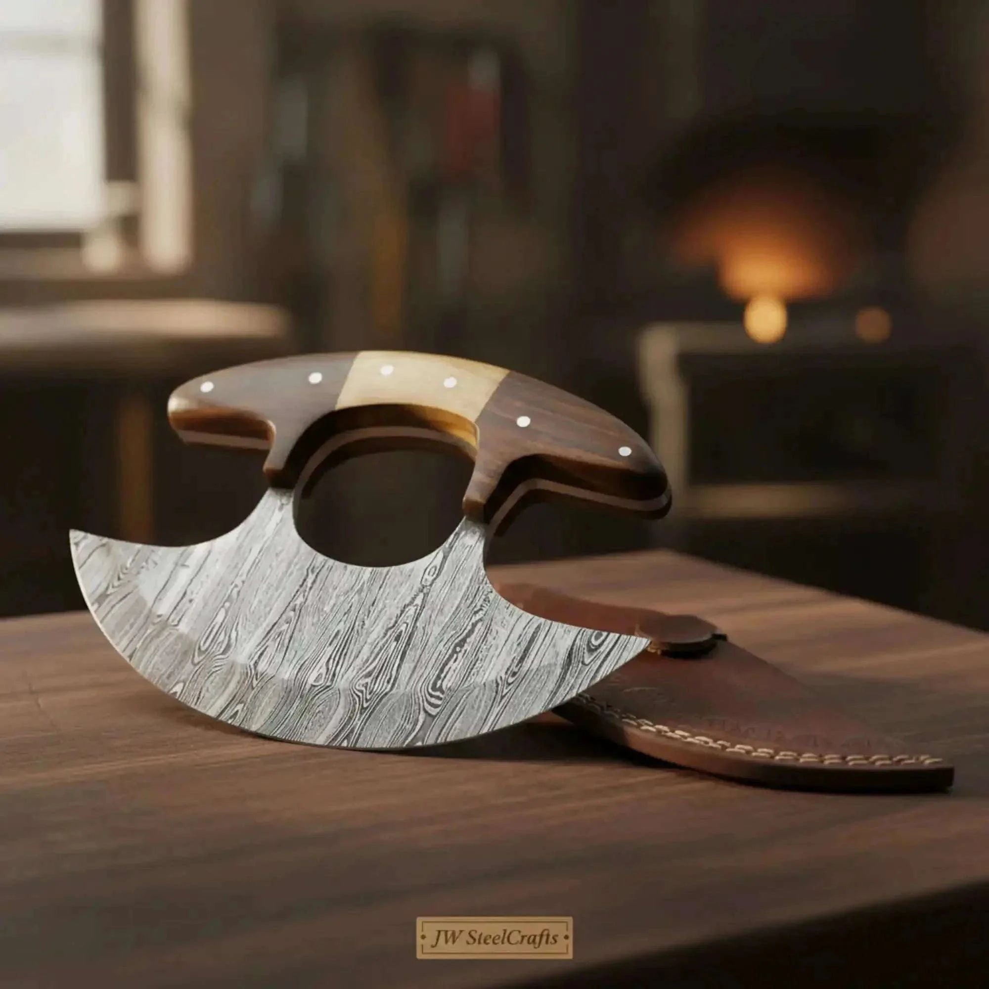 Palmarius Outdoors Custom Ulu Knife Damascus Steel Blade Efficient Kitchen Knife 