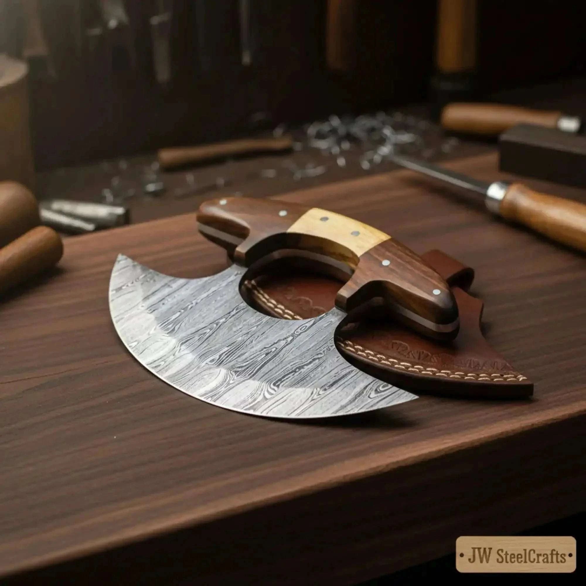 Palmarius Outdoors Custom Ulu Knife Damascus Steel Blade Efficient Kitchen Knife 