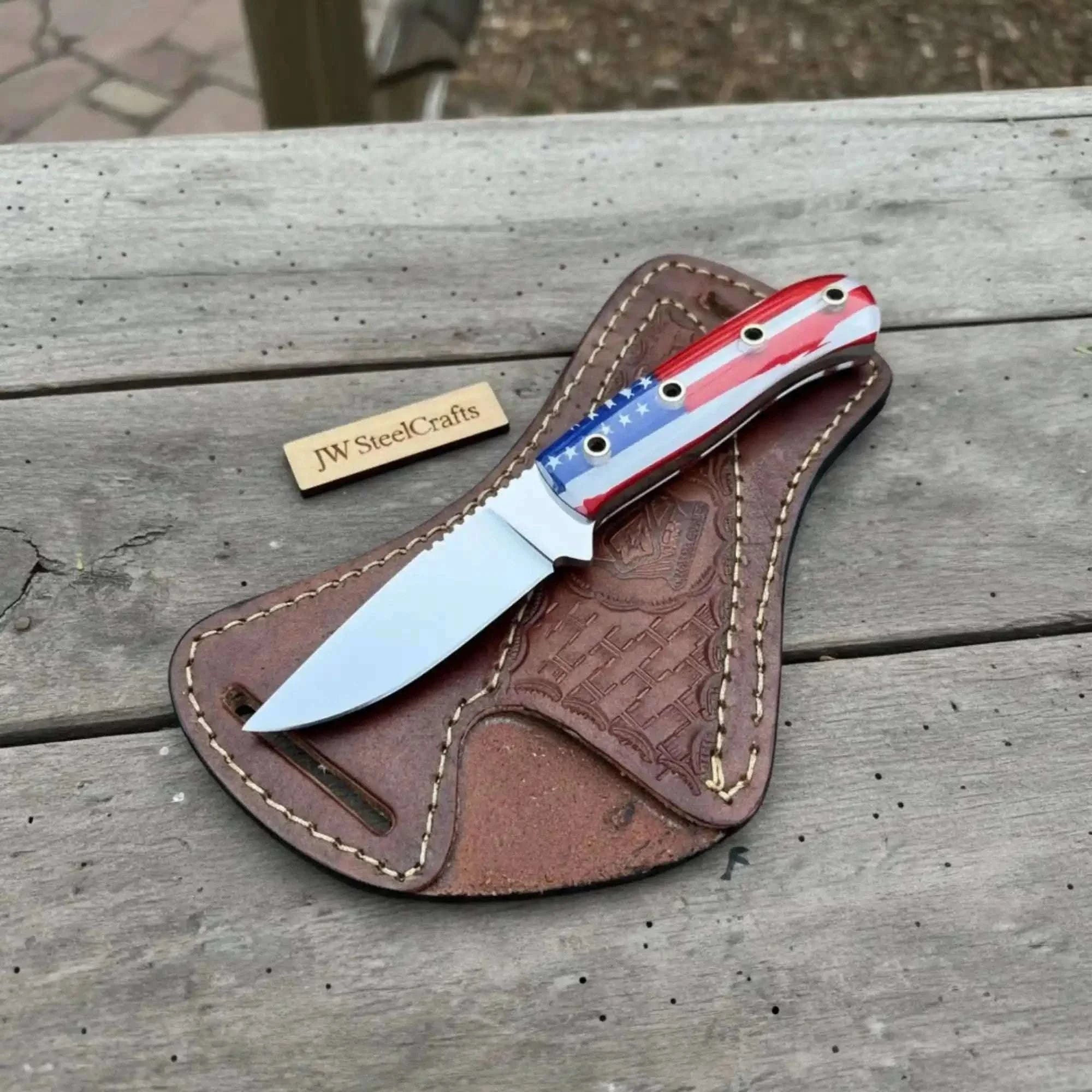Palmarius Outdoors Custom Fixed Blade Knife – Drop Point Outdoor EDC with USA Flag Handle and Leather Sheath Hunting Knife