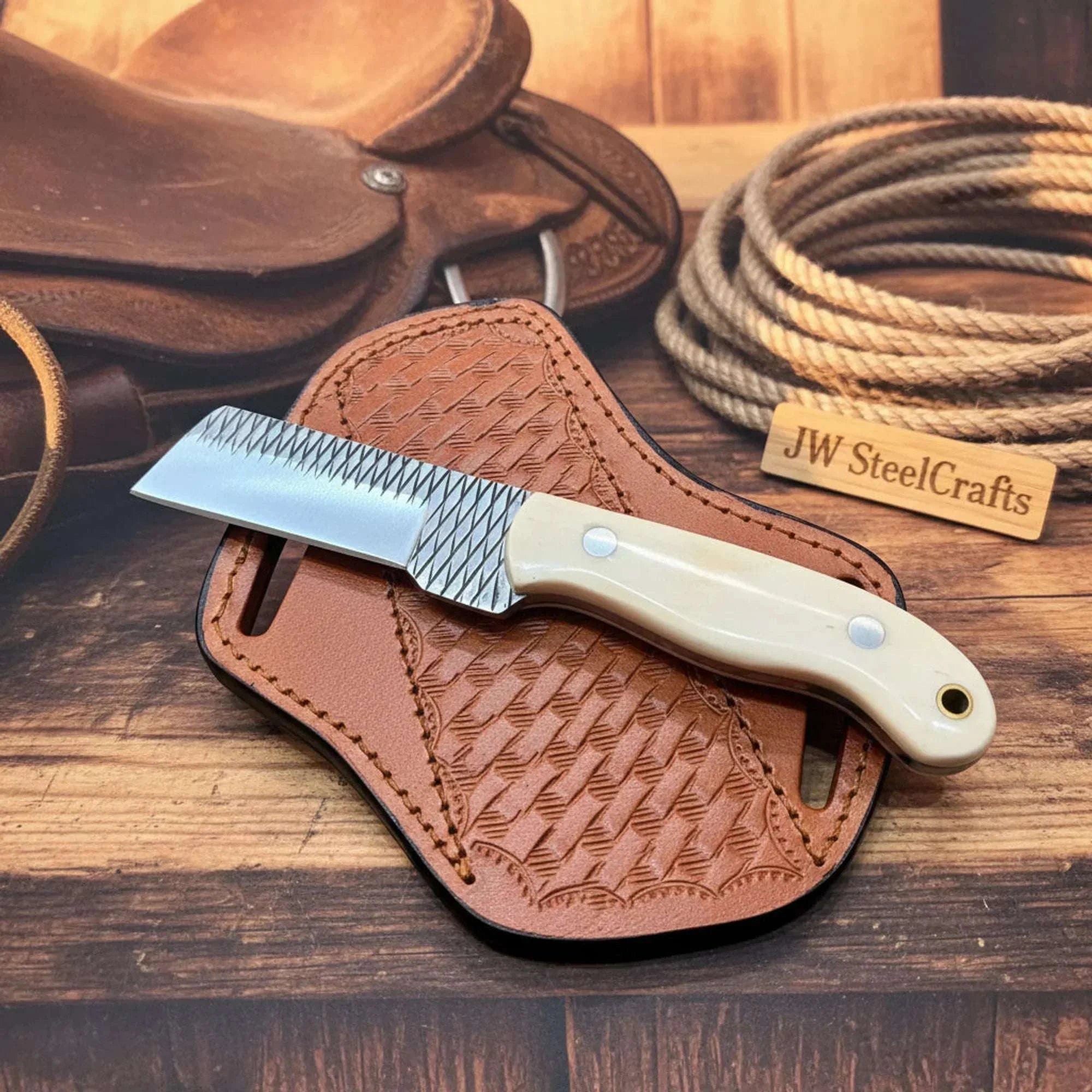 Palmarius Outdoors Custom Handmade Cowboy Bull Cutter Knife Rasp Steel Camel Bone Handle Pancake Sheath 