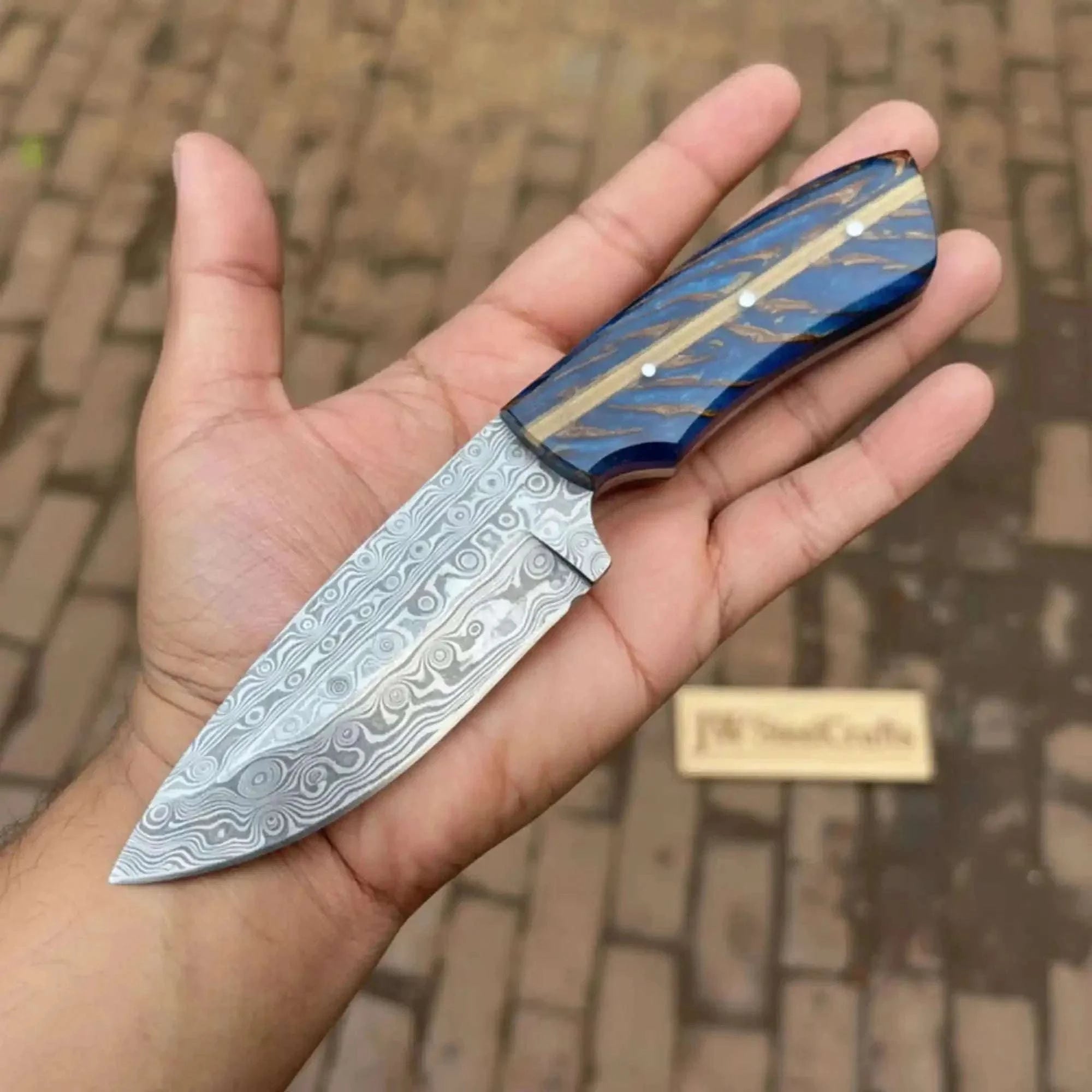 Palmarius Outdoors Drop Point Damascus Knife 7” EDC – Persian Utility Style, Blue Pinecone Resin Handle Handmade 
