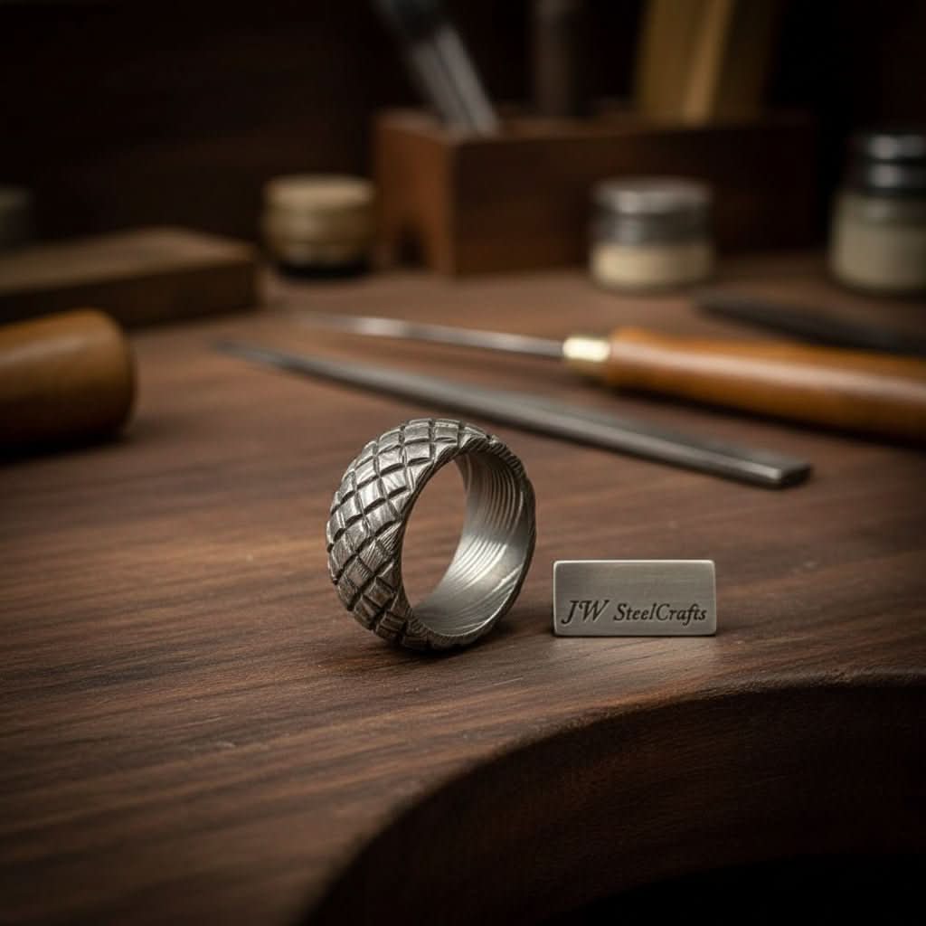 Palmarius Outdoors Quilted Pattern Damascus Ring with Cross Hatched Diamond Grid Texture Ring