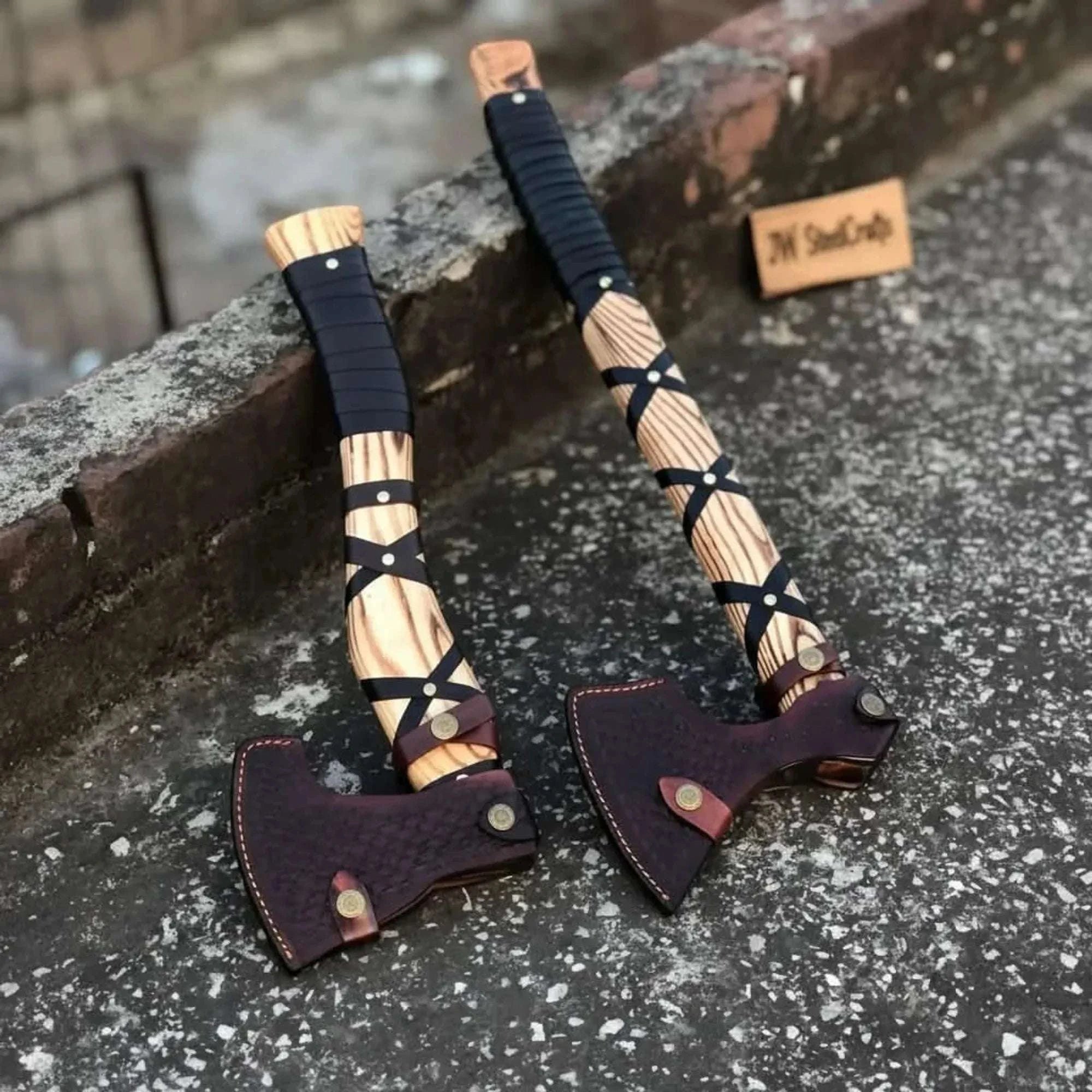 Palmarius Outdoors Fenrir Wolf Viking Axe Pair with Acid Etched Bearded Heads 
