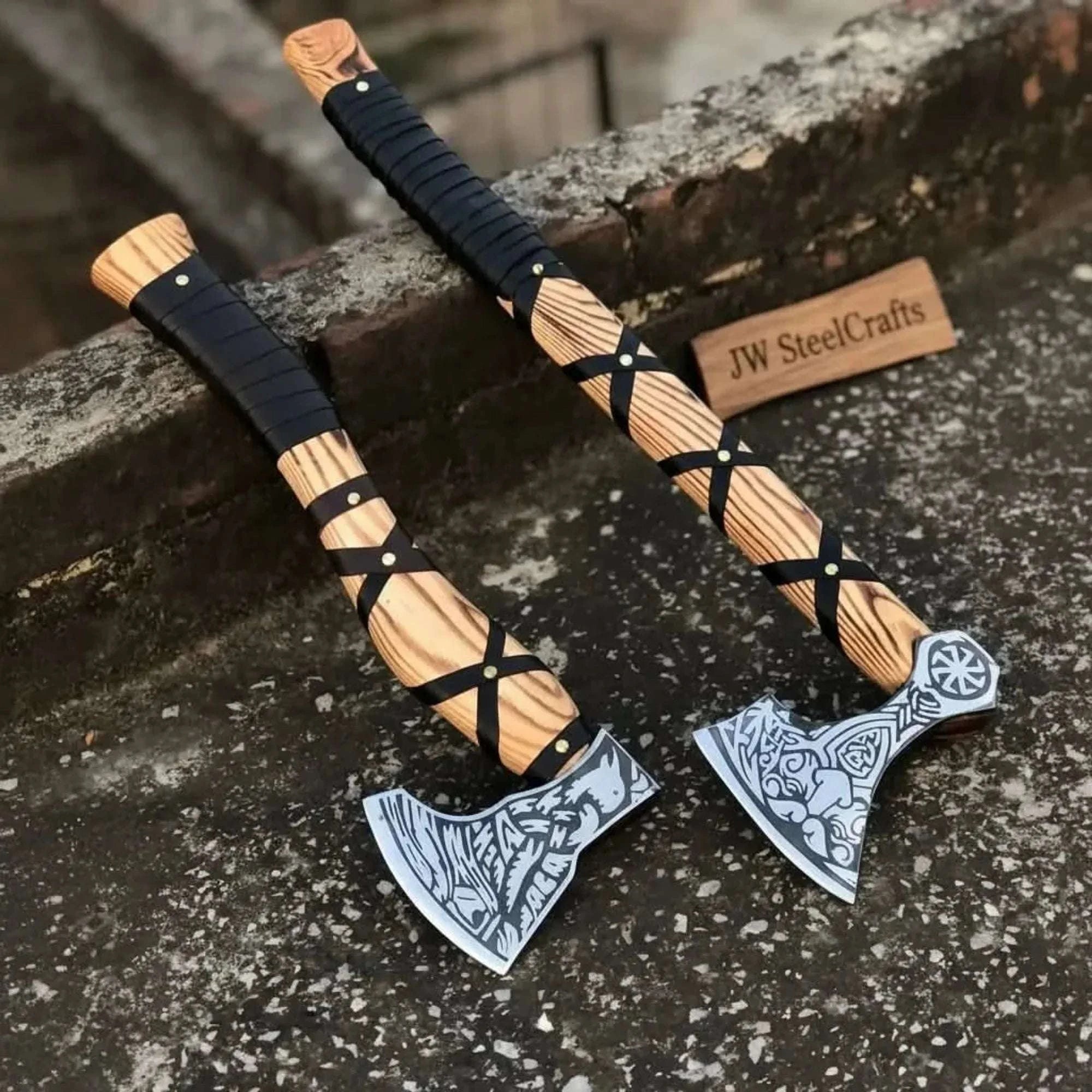 Palmarius Outdoors Fenrir Wolf Viking Axe Pair with Acid Etched Bearded Heads 