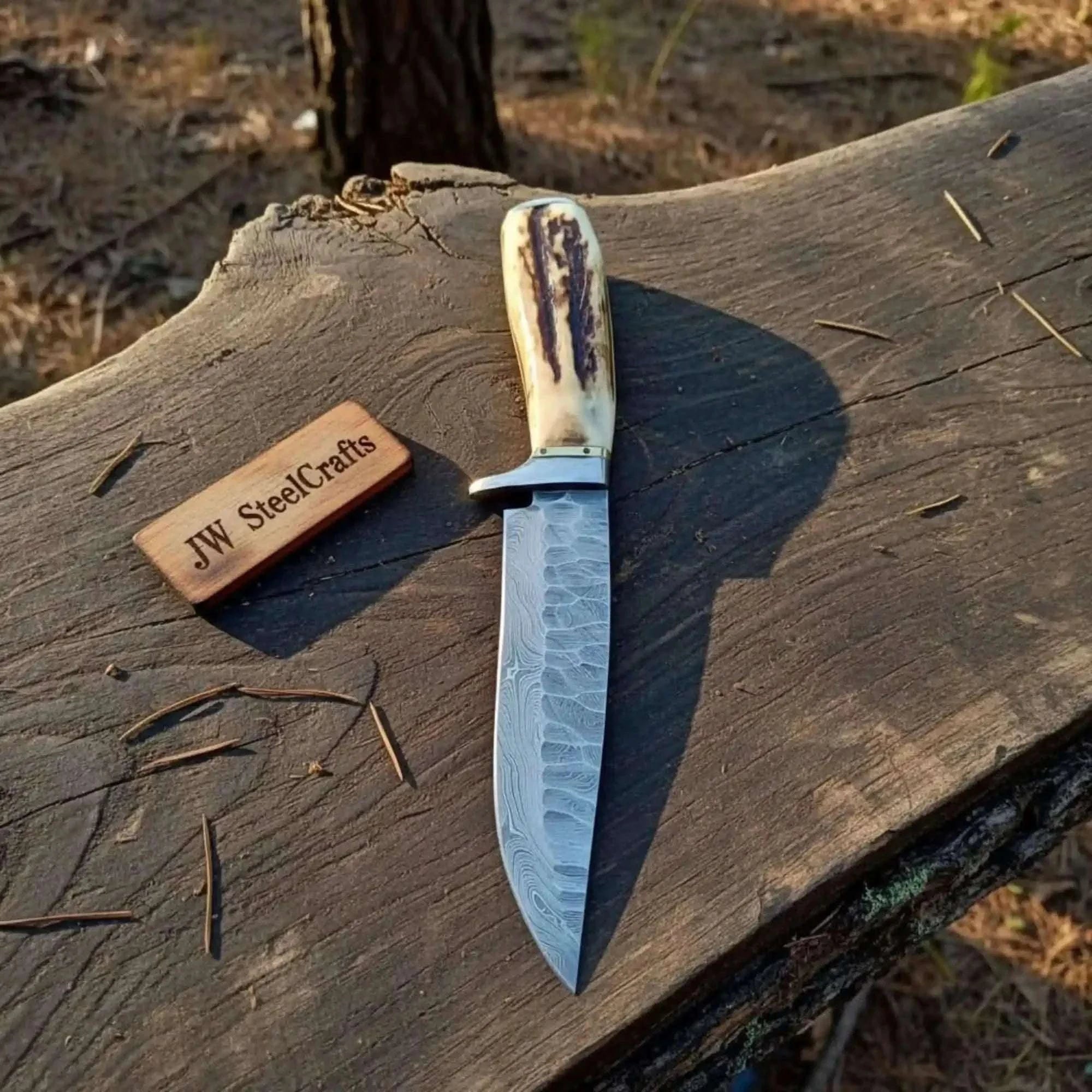 Palmarius Outdoors Frontier Bowie Knife Damascus Steel Clip Point Stag Handle Fixed Blade Hunting Knife Frontier Bowie Knives