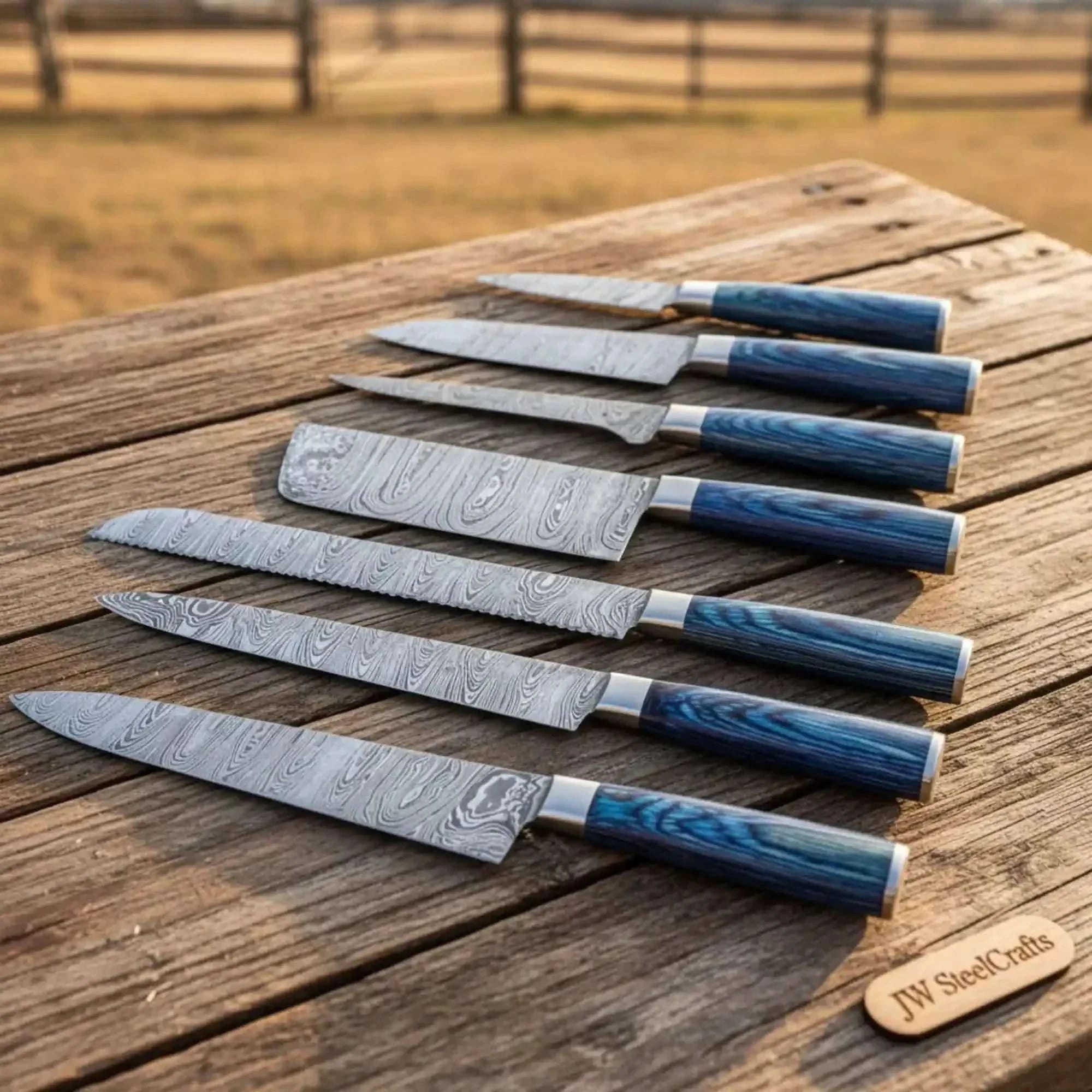 Palmarius Outdoors 7-Piece Damascus Blue Pakkawood Knife Set with Wood Grain Damascus Blades Handmade Chef Knife Sets