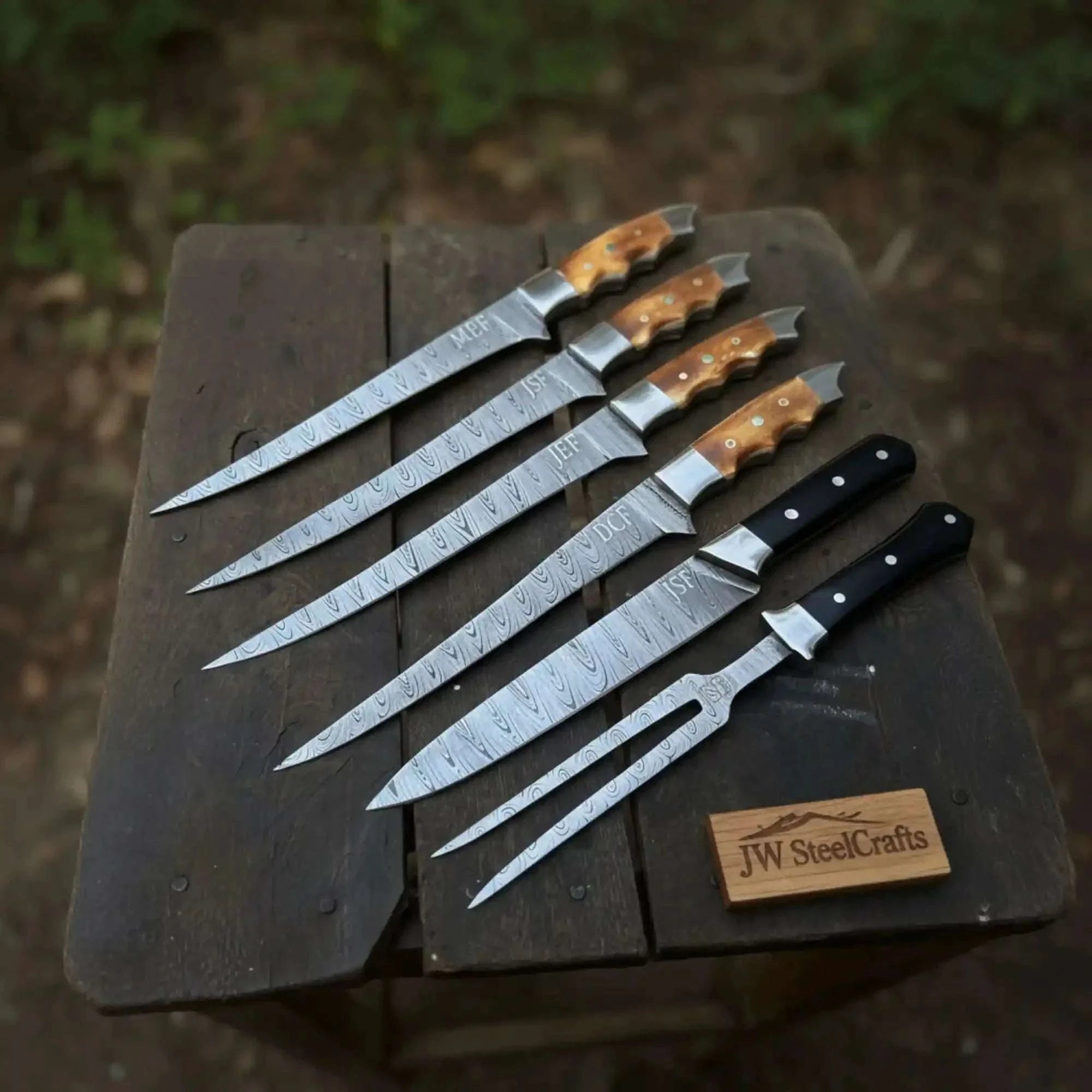 Palmarius Outdoors Handmade Damascus Boning & Fillet Knife Set with Black and Orange Resin Handles Handmade Boning Knives