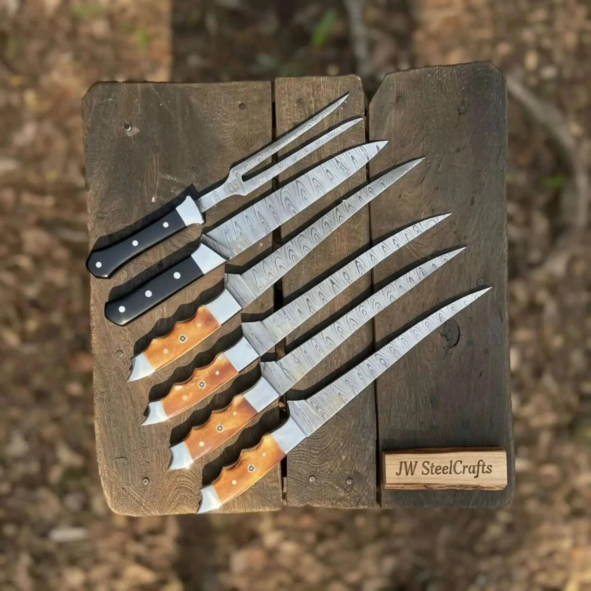 Palmarius Outdoors Handmade Damascus Boning & Fillet Knife Set with Black and Orange Resin Handles Handmade Boning Knives