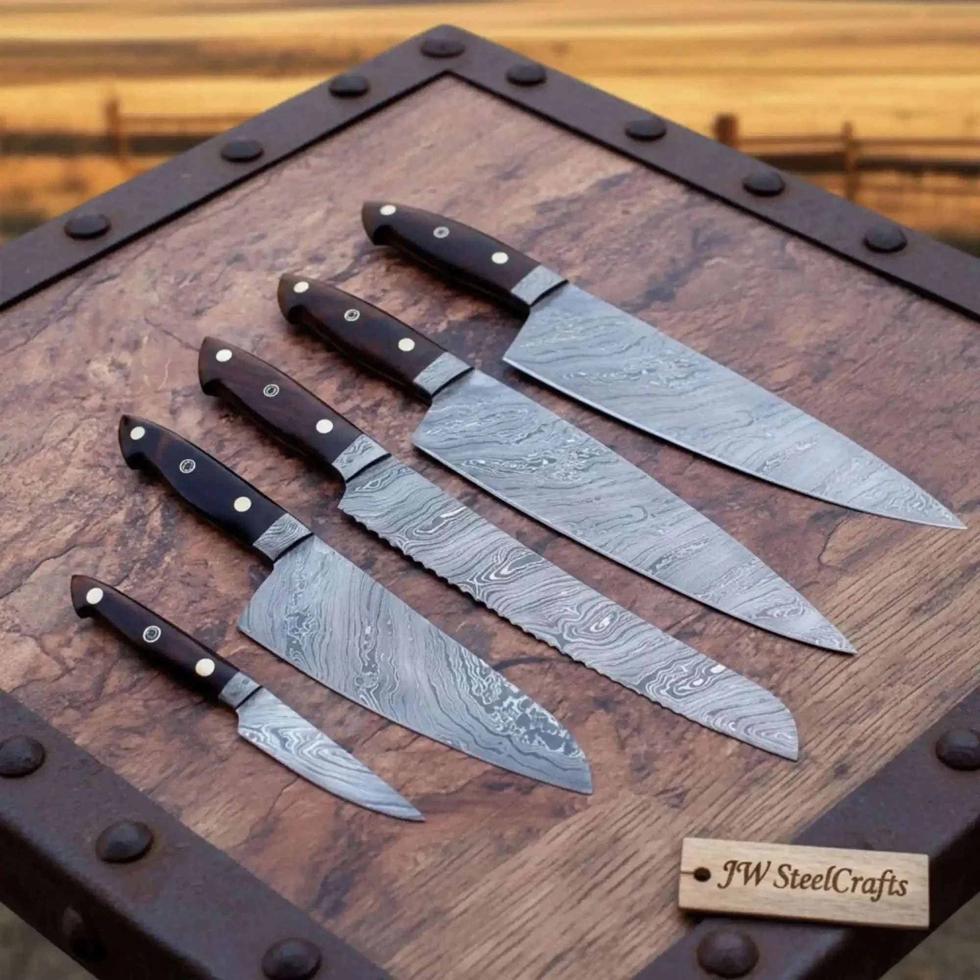 Palmarius Outdoors 5-Piece Damascus Gyuto Petty Knife Set with Black Micarta Handles Handmade Chef Knife Sets