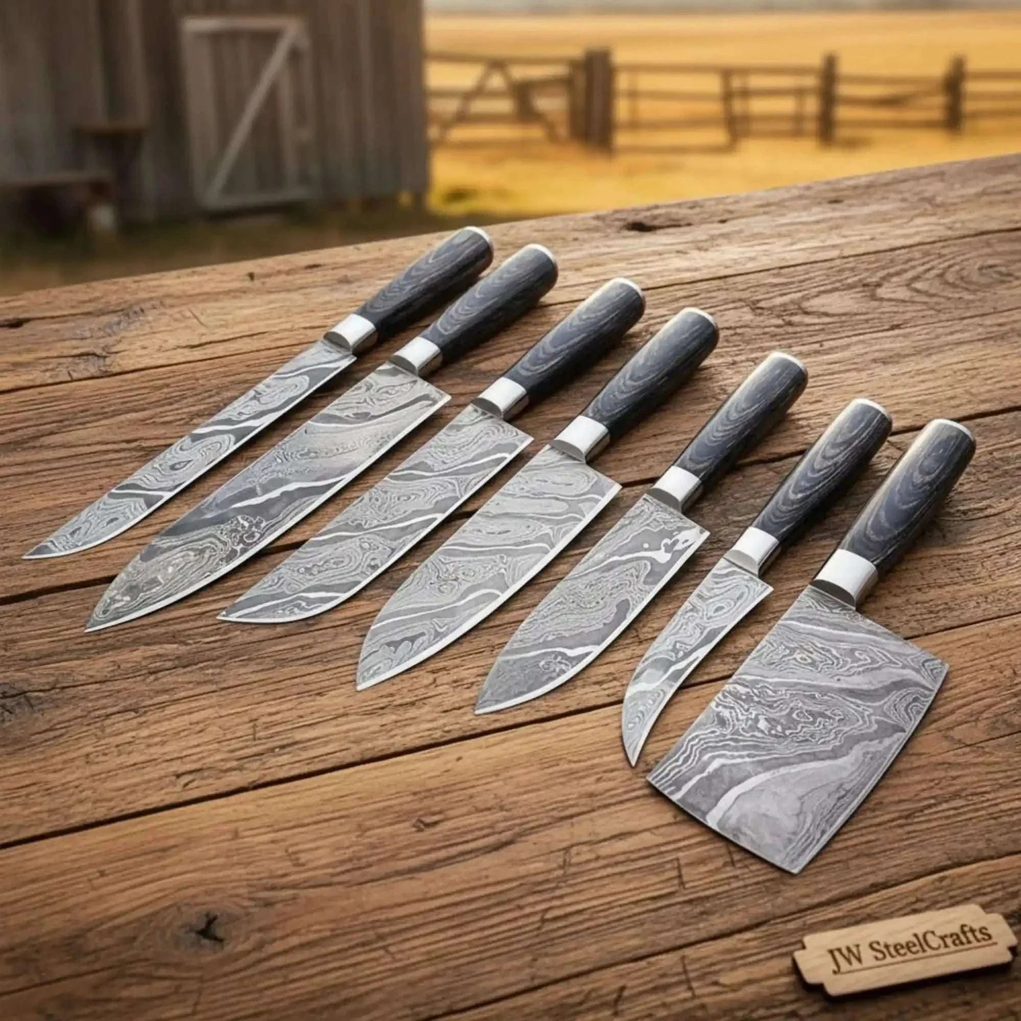 Palmarius Outdoors 7-Piece Damascus Butcher Knife Set Knife Set with Pakka Wood Handles Handmade Chef Knife Sets