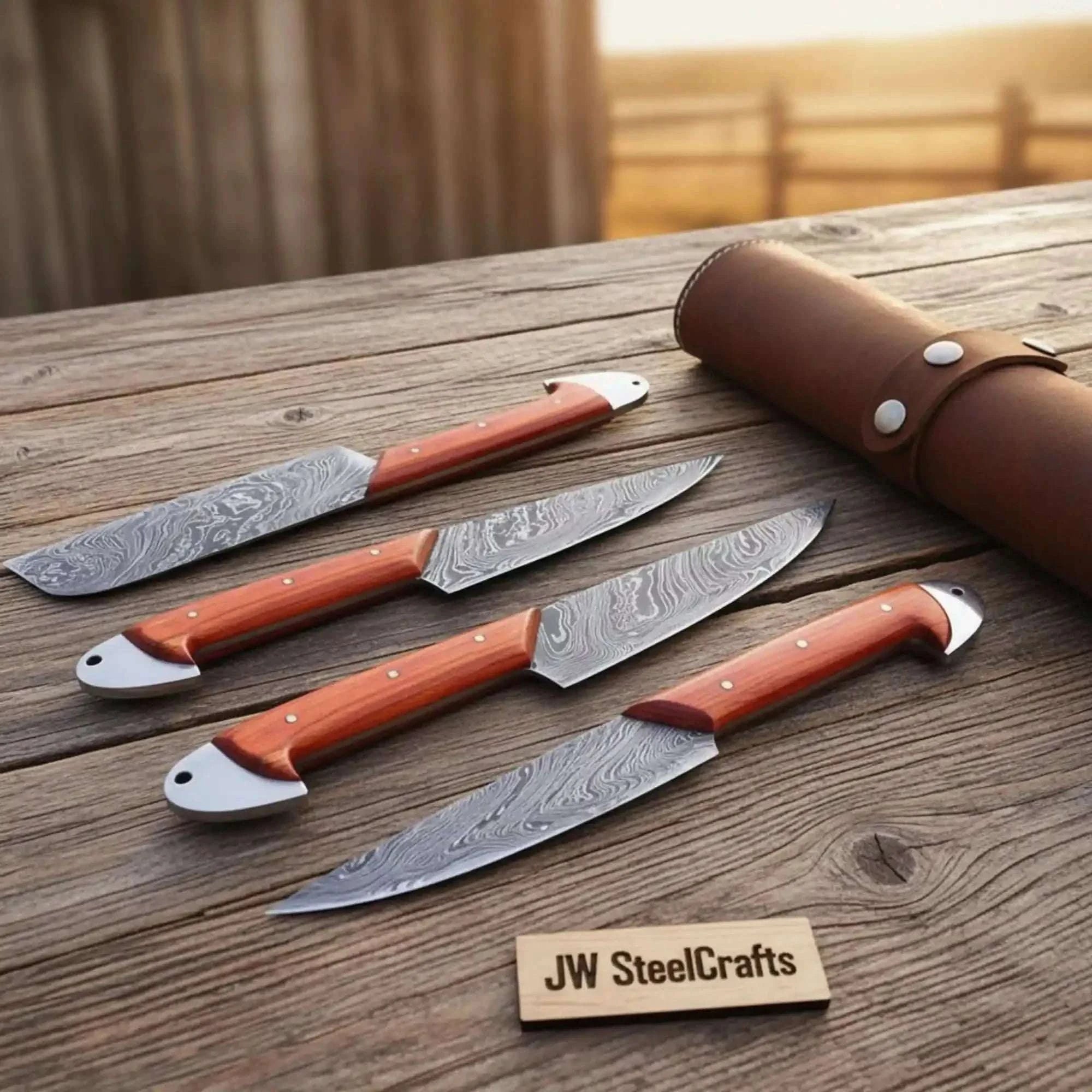 Palmarius Outdoors Handmade Damascus Camping & Hunting Knife Set with Orange Wood Handle Handmade Chef Knife Sets