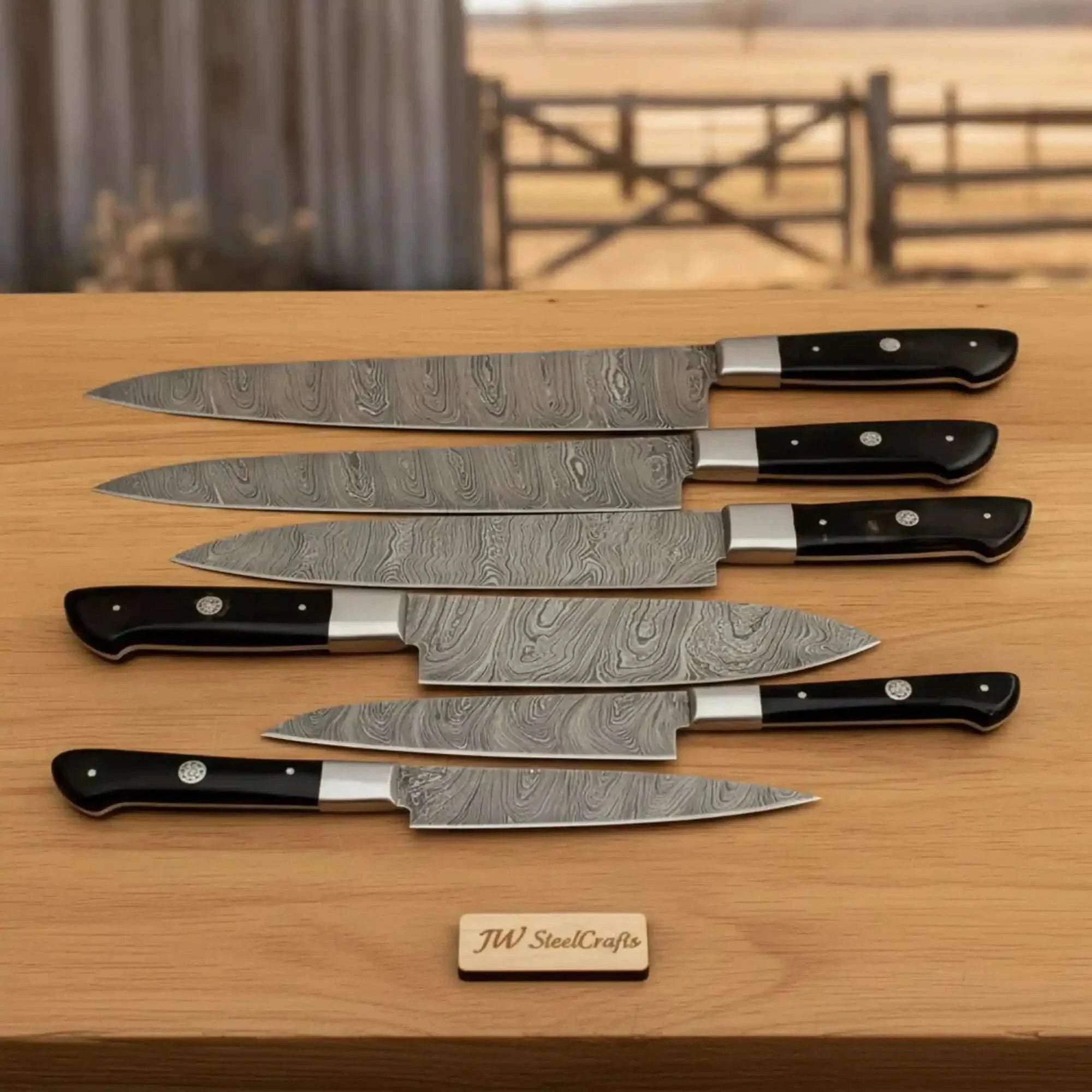 Palmarius Outdoors 6-Piece Damascus Carving & Chef Knife Set with Black Resin Handle Handmade Chef Knife Sets