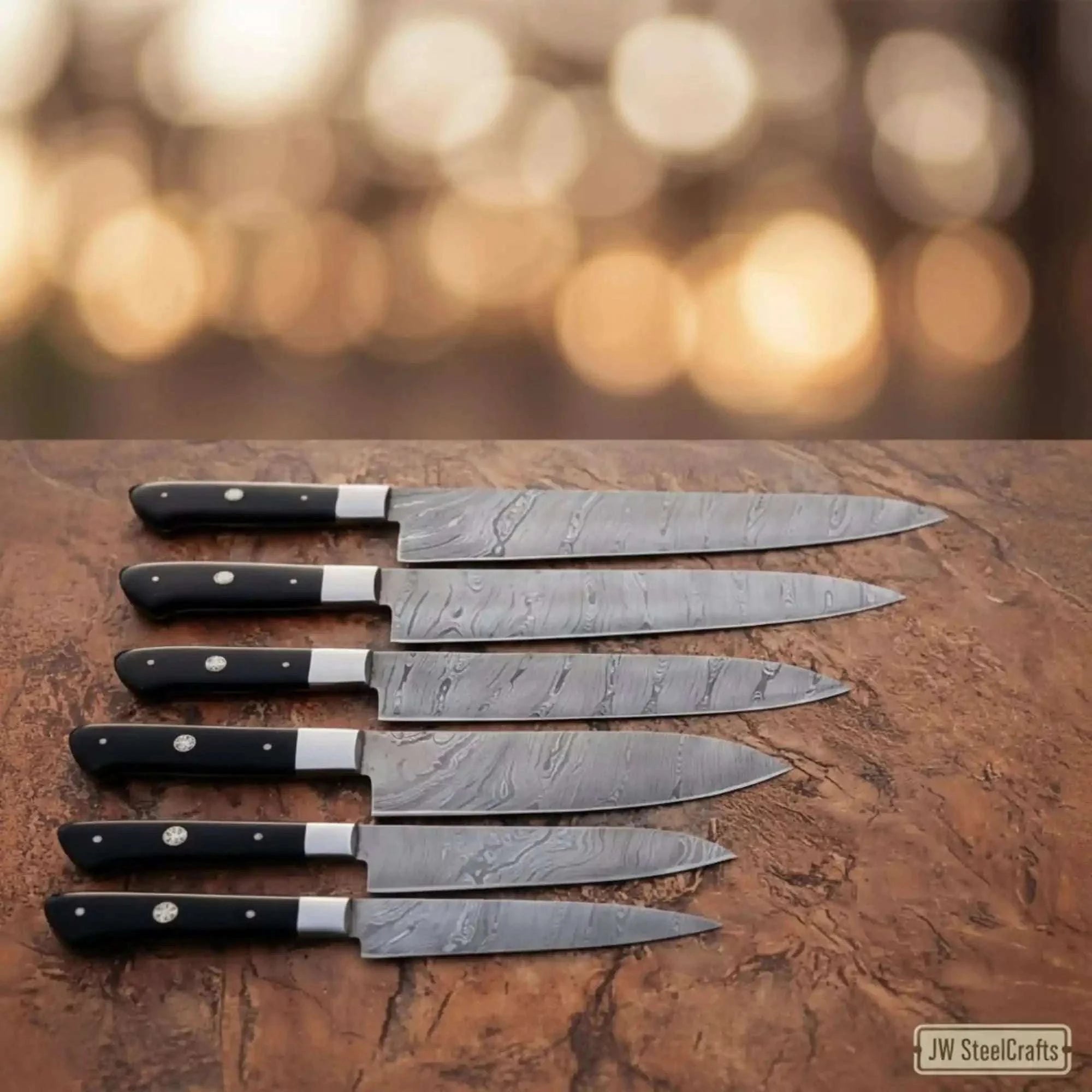 Palmarius Outdoors Forged 6-Piece Damascus Carving and Slicer Knife Set with Long Damascus Blades, Black Resin Handles Handmade Chef Knife Sets
