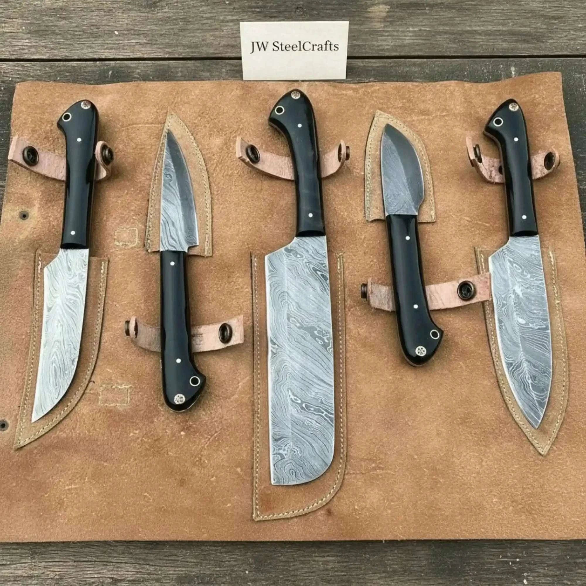 Palmarius Outdoors 4-Piece Damascus Chef and Utility Knife Set with Black Resin Handles & Swirl Damascus Blades Handmade Chef Knife Sets
