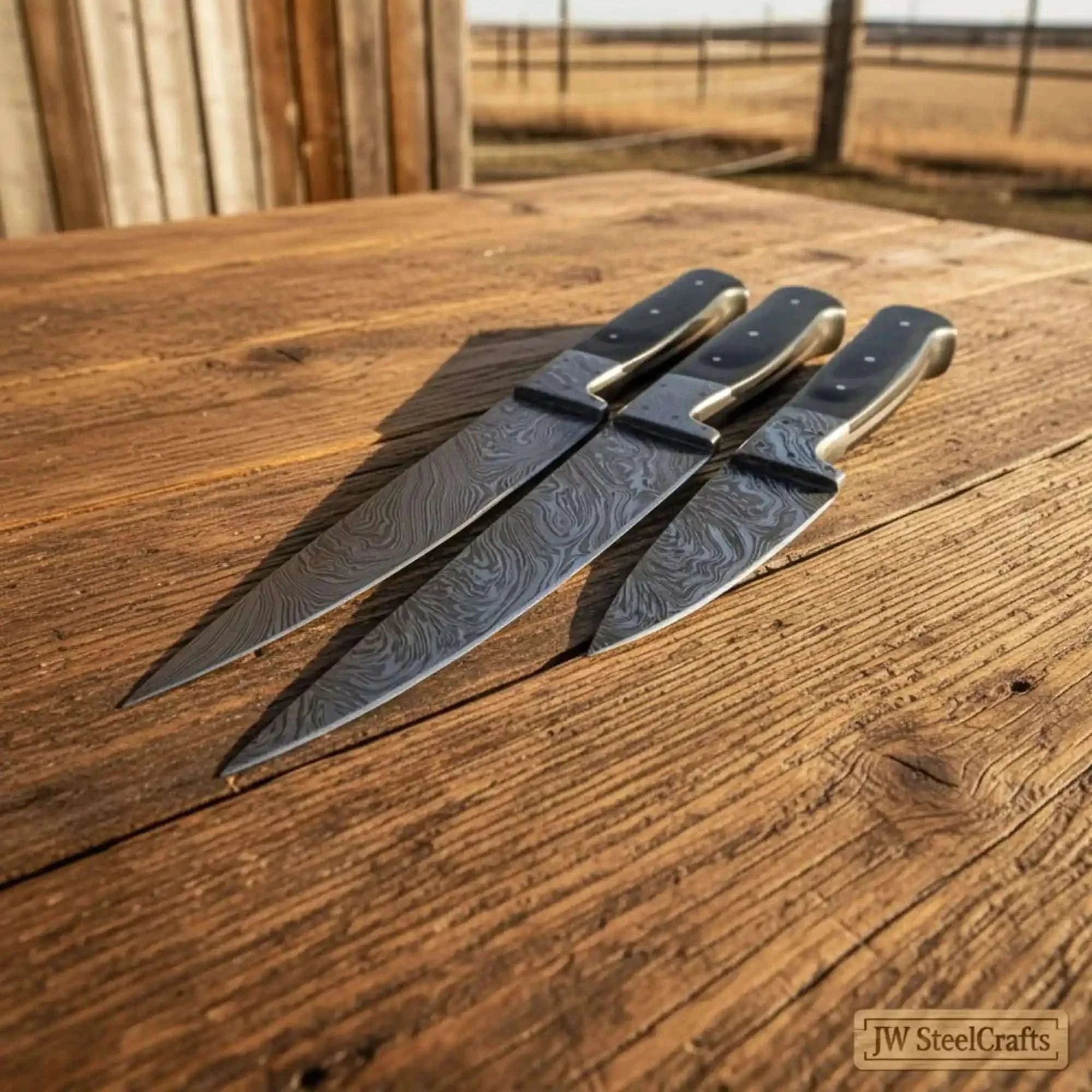 Palmarius Outdoors 3-Piece Damascus Chef Knife Set Black Micarta with Full Tang Blades Handmade Chef Knife Sets