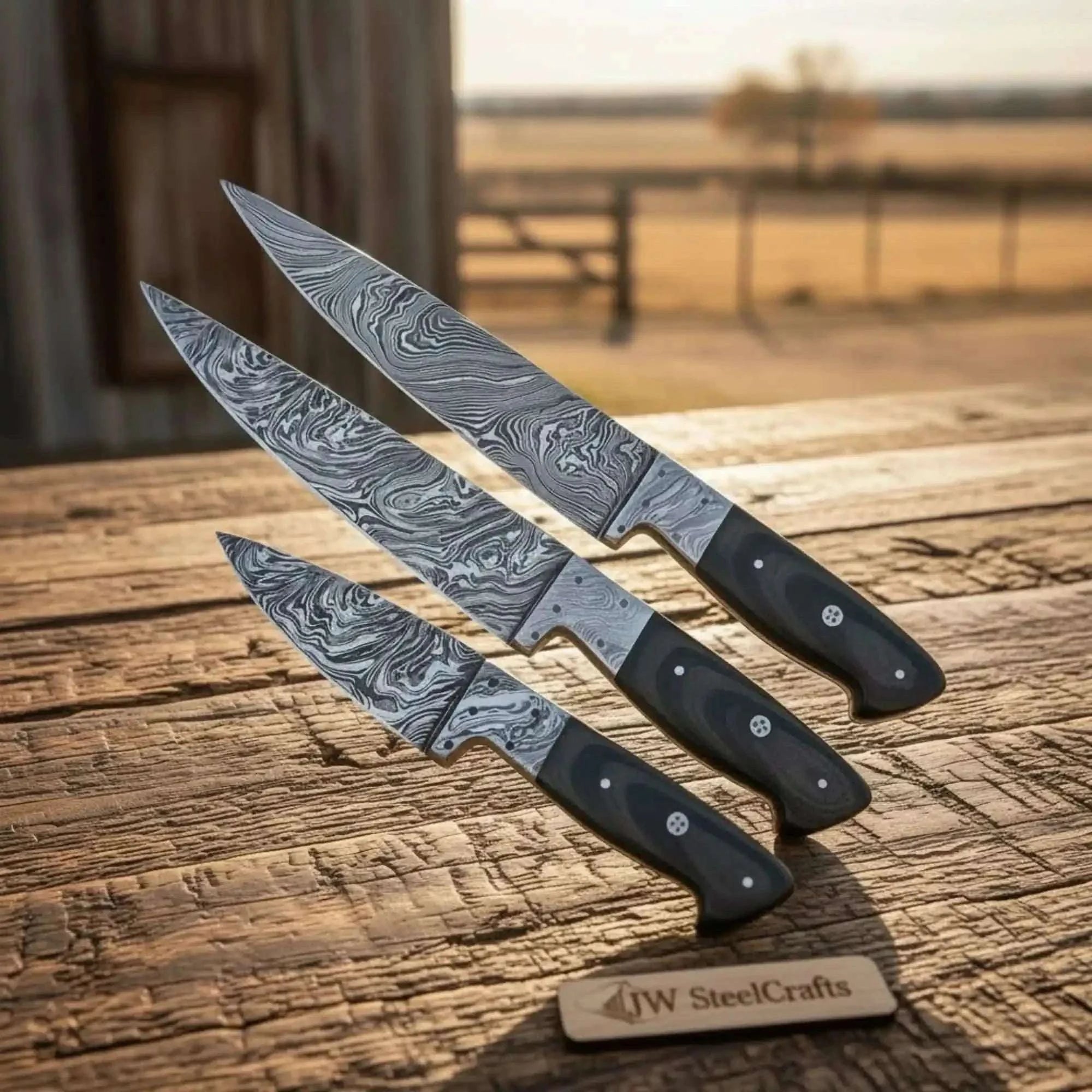 Palmarius Outdoors 3-Piece Damascus Chef Knife Set Black Micarta with Full Tang Blades Handmade Chef Knife Sets