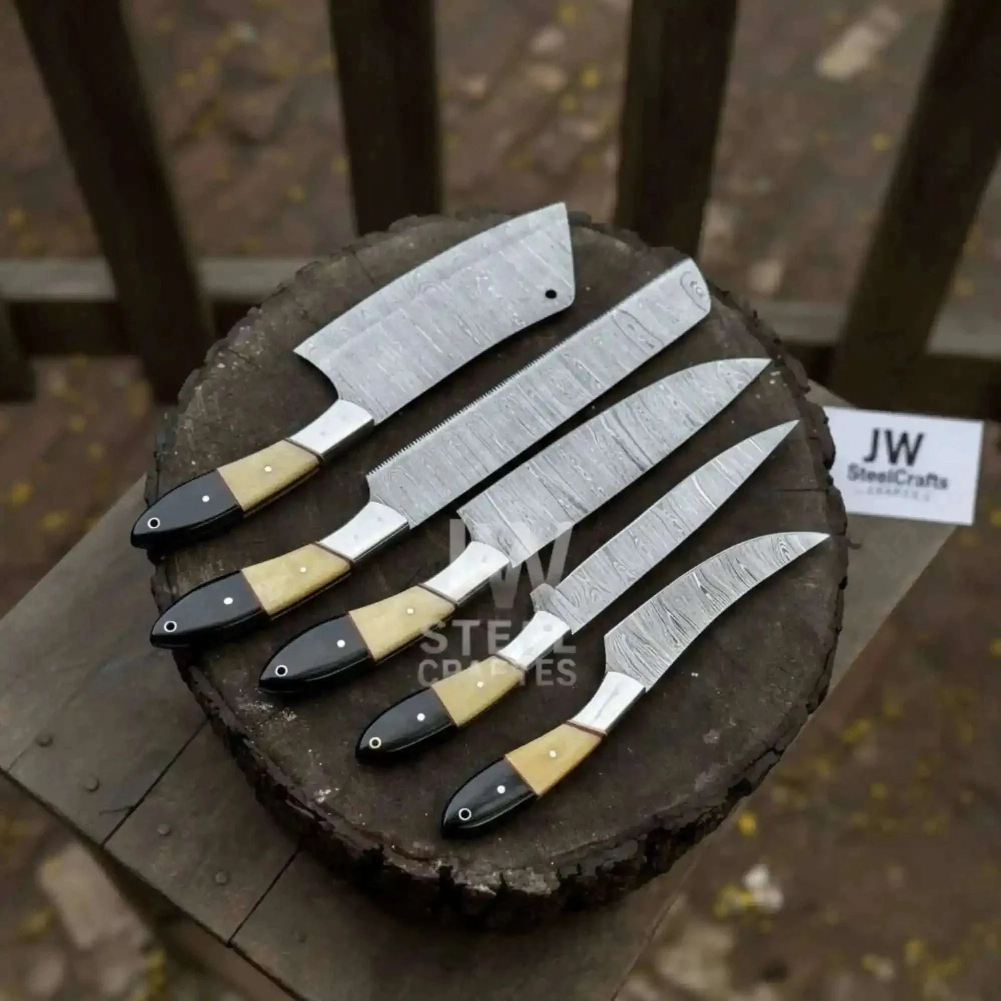 Palmarius Outdoors 5-Piece Damascus Chef Knife Set – Camel Bone and Black Micarta Handles Handmade Chef Knife Sets