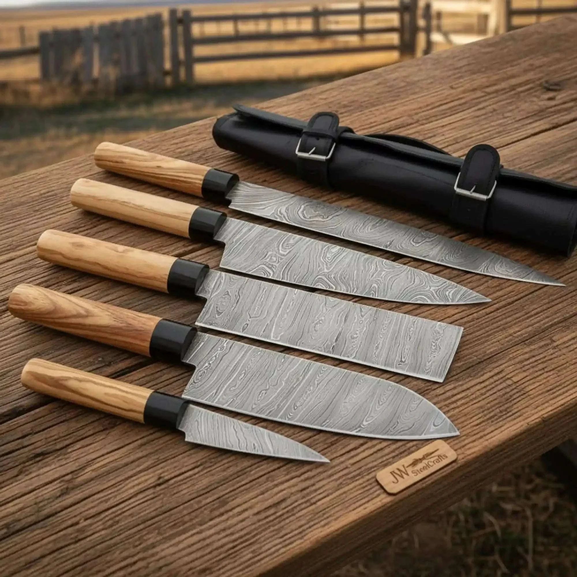 Palmarius Outdoors 5-Piece Damascus Chef Knife Set Olive Wood Leather Roll with Wood Grain Blades Handmade Chef Knife Sets