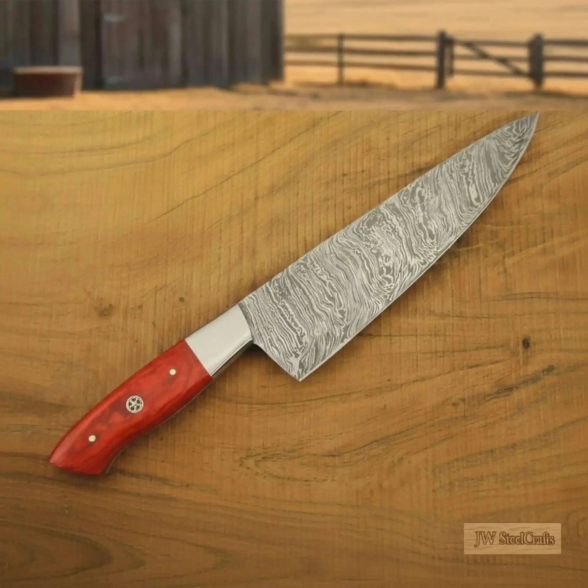 Palmarius Outdoors 3 Piece Handmade Damascus chef Knife Set Red Pakka Wood Handles Handmade Chef Knife Sets