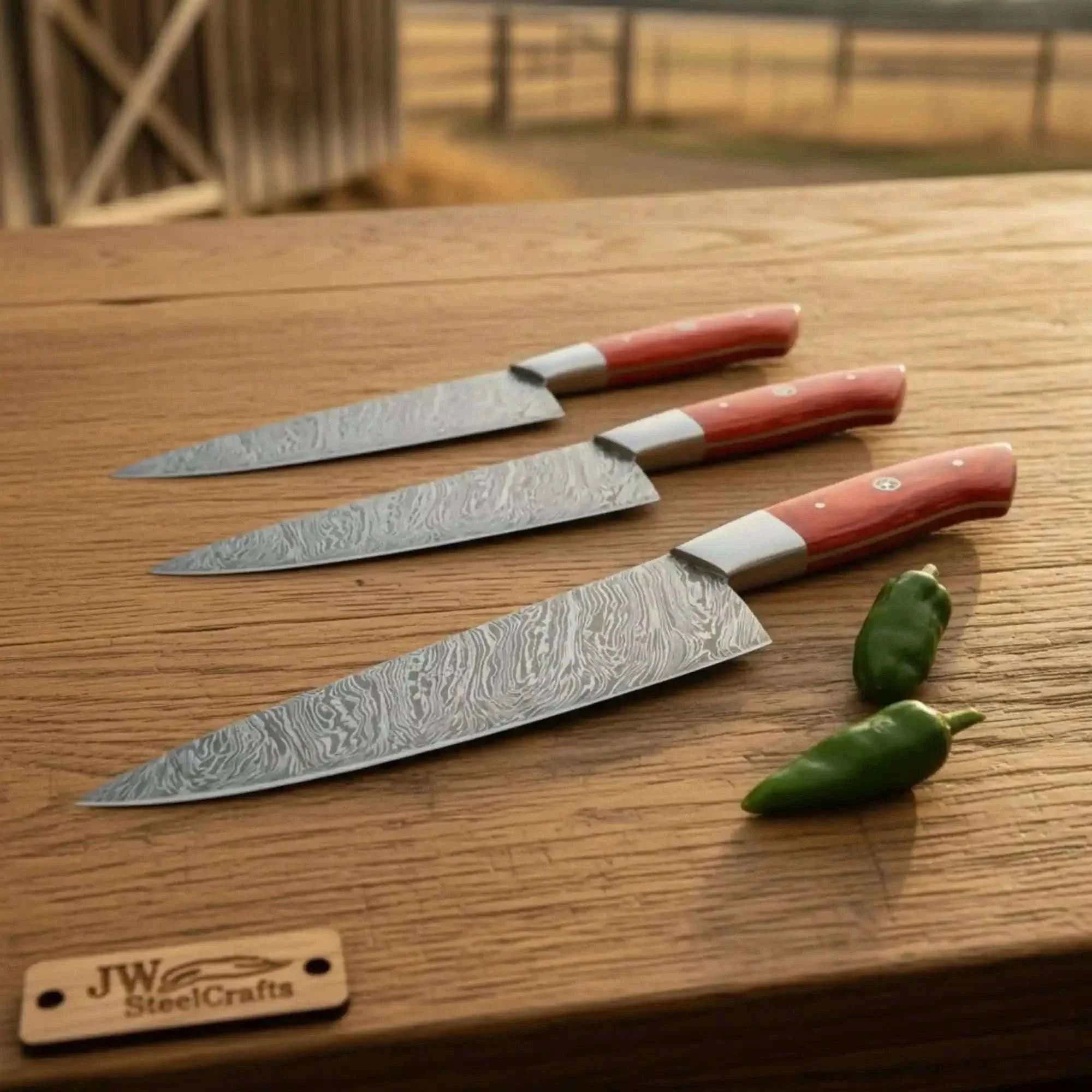 Palmarius Outdoors 3 Piece Handmade Damascus chef Knife Set Red Pakka Wood Handles Handmade Chef Knife Sets