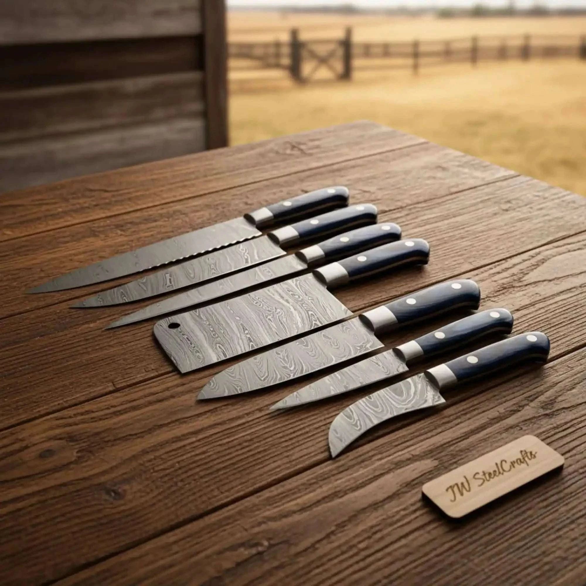 Palmarius Outdoors 7-Piece Damascus Knife Set with Serrated Bread Knife with Black Resin Handles Handmade Chef Knife Sets