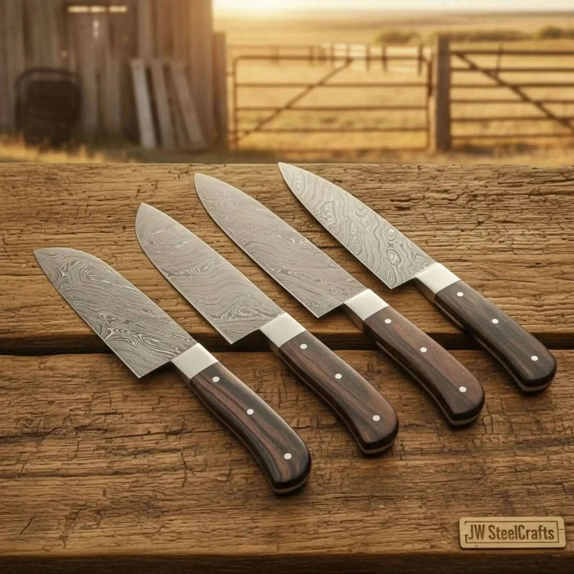 Palmarius Outdoors 4-Piece Damascus Chef Knife Set with Rosewood Handles — Wood Grain Damascus Blades Handmade Chef Knife Sets