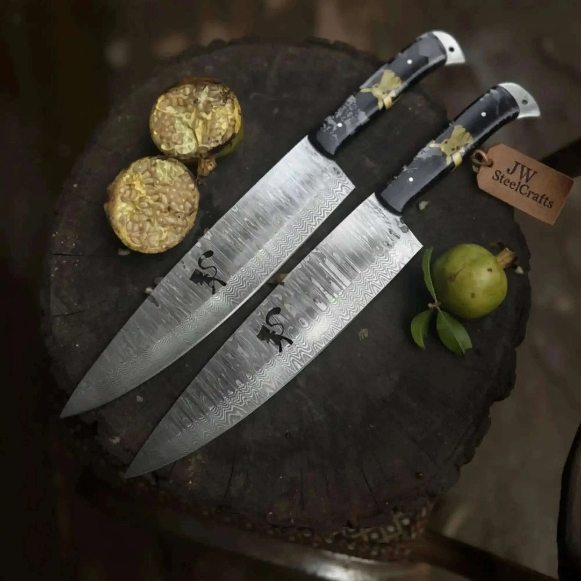 Palmarius Outdoors Handmade Damascus Chef Knife Set of 2-Piece Stainless Damascus Kitchen Knives with Blue Resin Handles 
