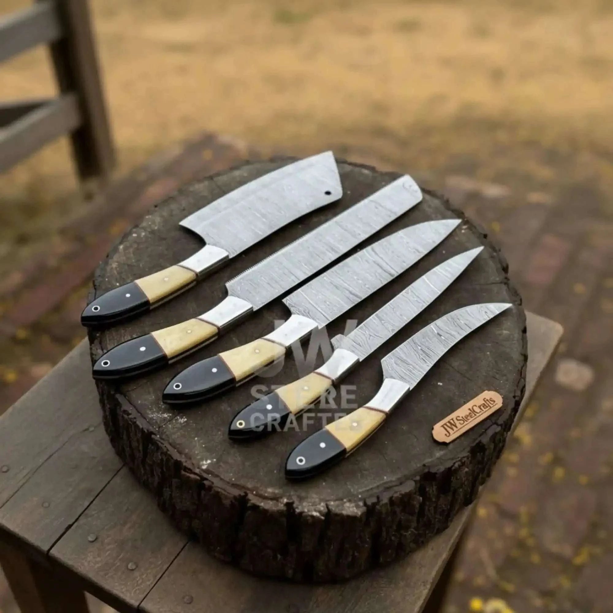Palmarius Outdoors 5-Piece Handmade Damascus Chef Knife Set with Wood and Resin Handles Handmade Chef Knife Sets