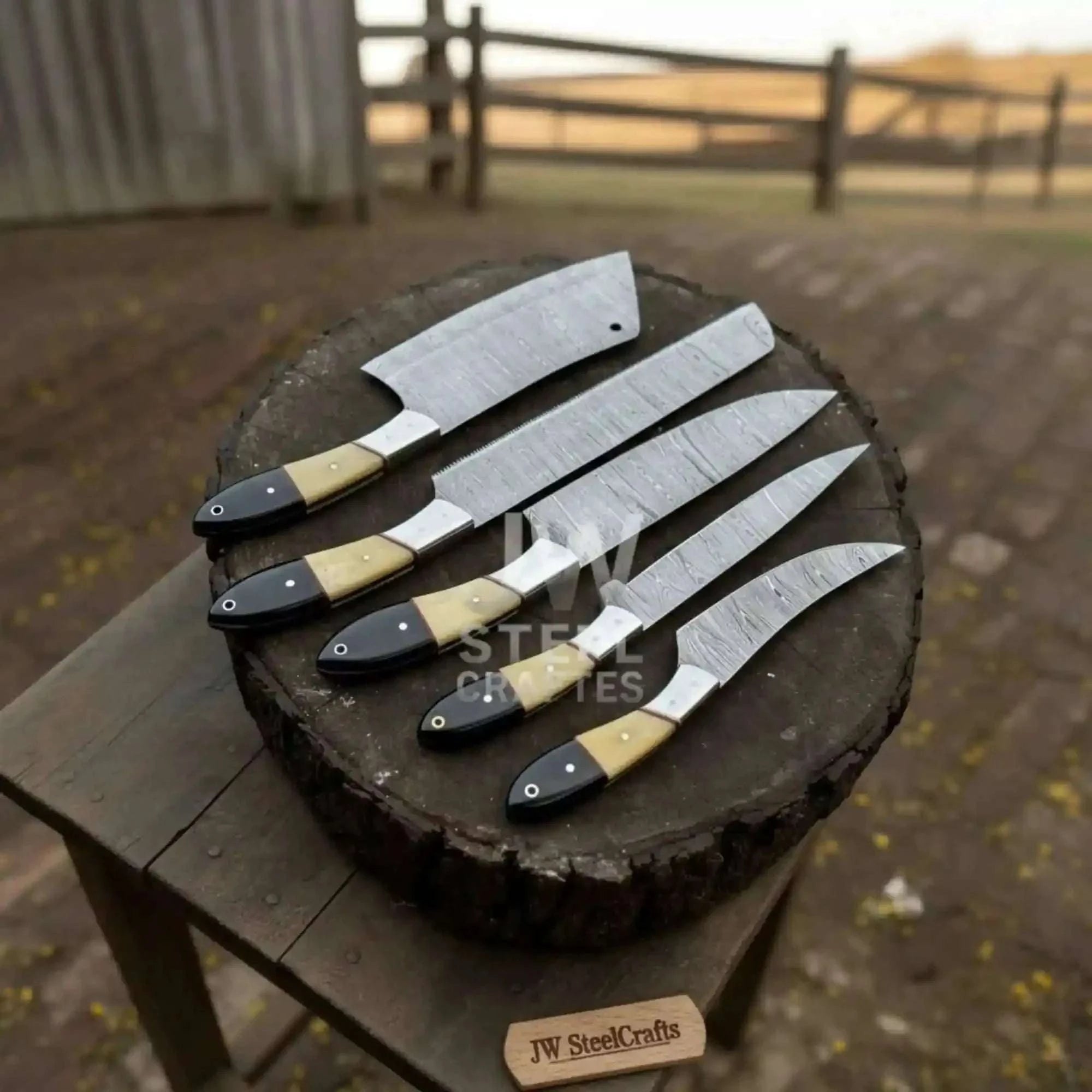Palmarius Outdoors 5-Piece Damascus Chef Knife Set – Camel Bone and Black Micarta Handles Handmade Chef Knife Sets