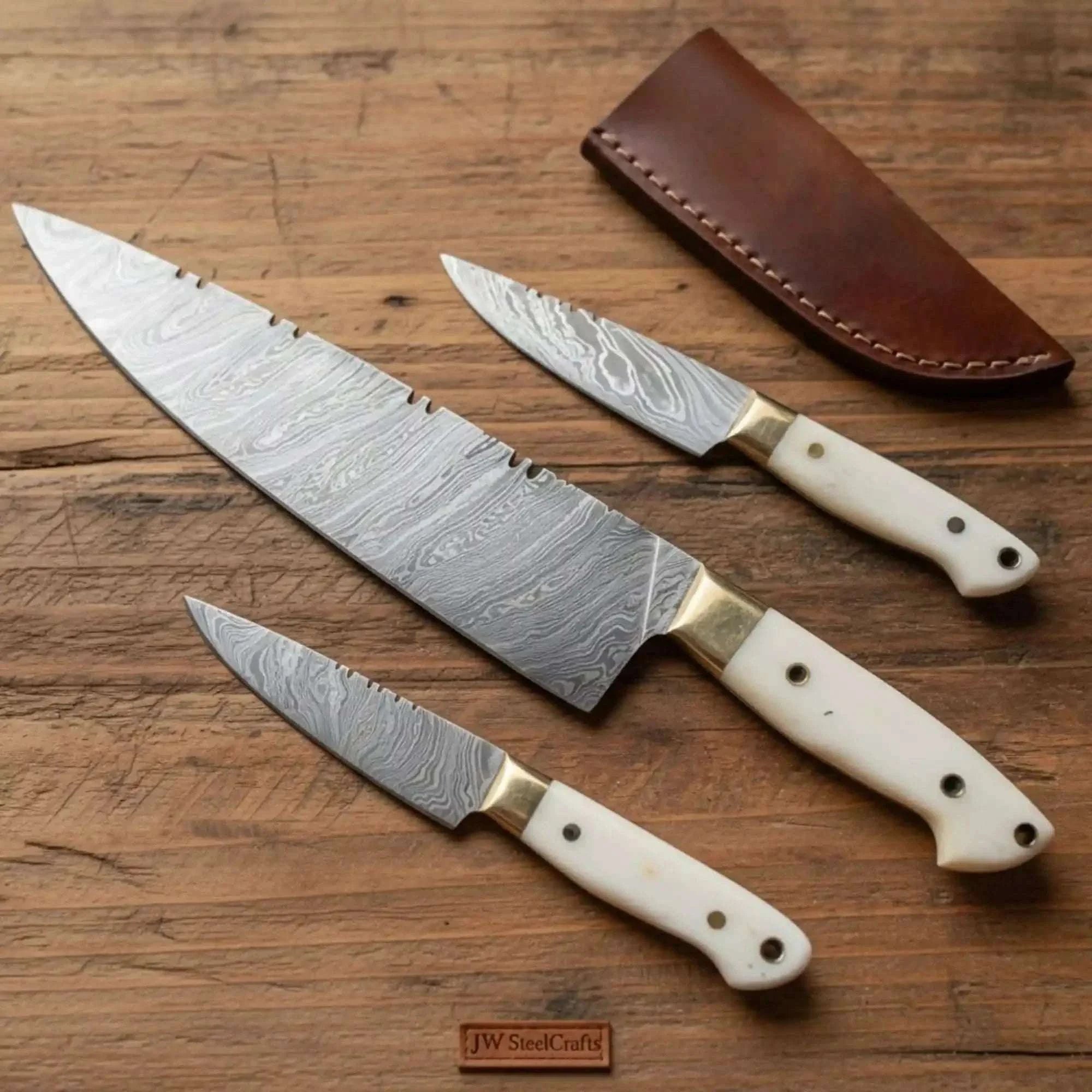 Palmarius Outdoors Damascus Chinese Cleaver and Chef Knife Set with White Resin Handles Handmade Chef Knife Sets