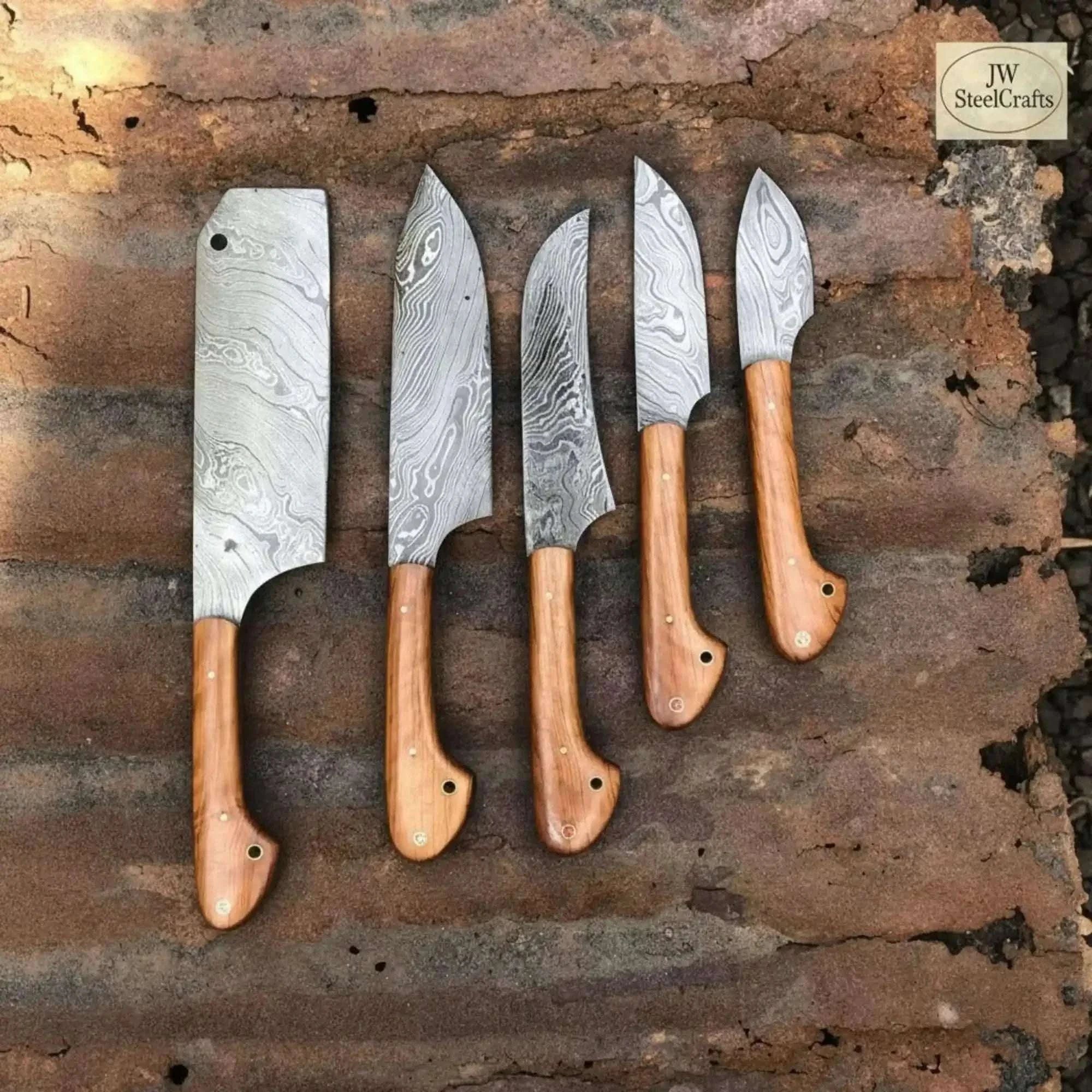 Palmarius Outdoors 5-Piece Damascus Kitchen Knife Set — Cleaver, Chef, Utility, Boning & Paring with Olive Wood Handles & Brass Pins Handmade Chef Knife Sets