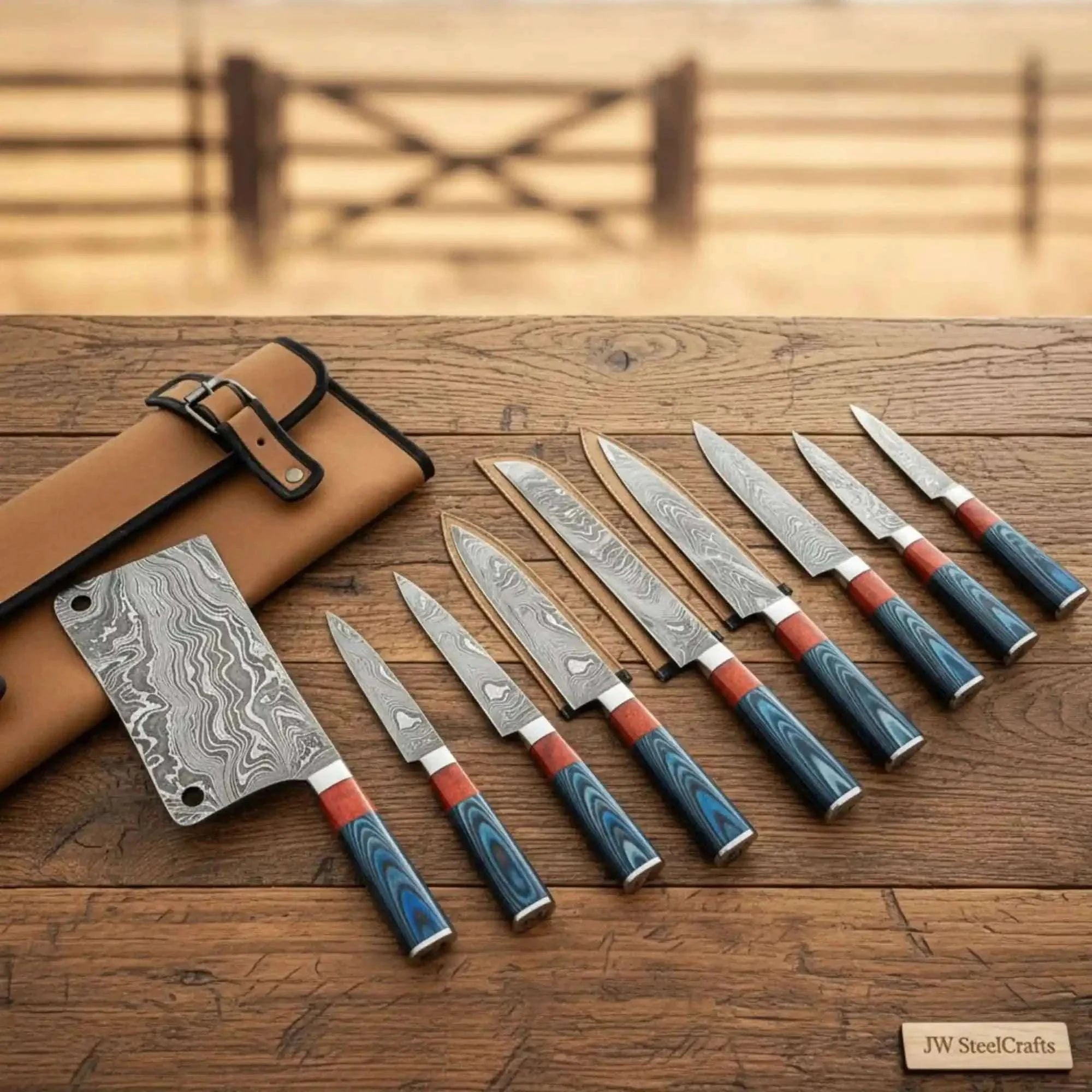 Palmarius Outdoors 9-Piece Damascus Cleaver Knife Set with Blue, Red Handles & Meat Cleaver Handmade Chef Knife Sets