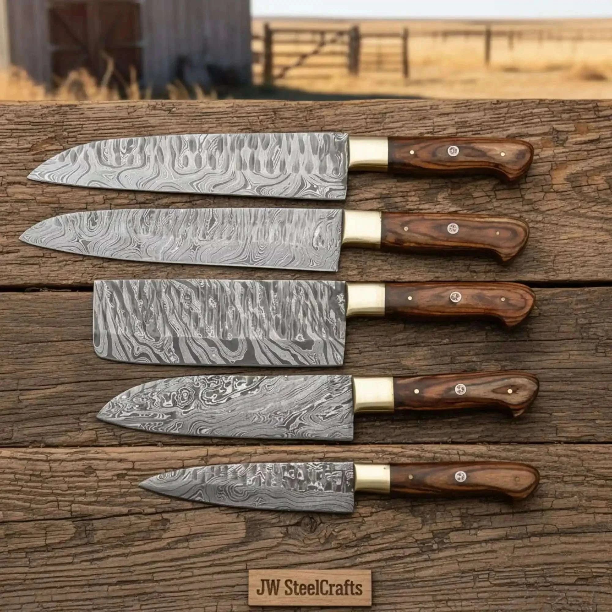 Palmarius Outdoors 5-piece Damascus Cleaver Nakiri Chef Knife Set with Pakka Wood Handles Handmade Chef Knife Sets