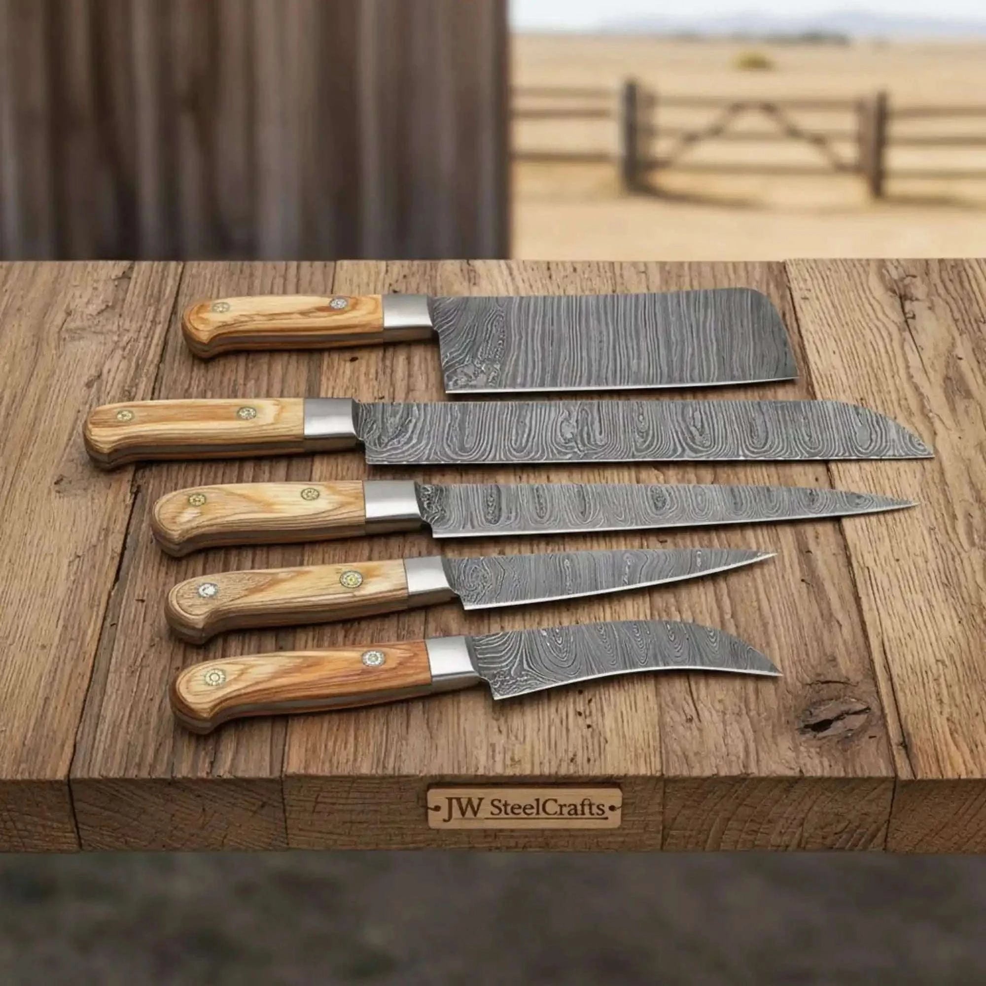 Palmarius Outdoors 5-Piece Damascus Cleaver Slicer Knife Set Olive Wood Handles Handmade Chef Knife Sets