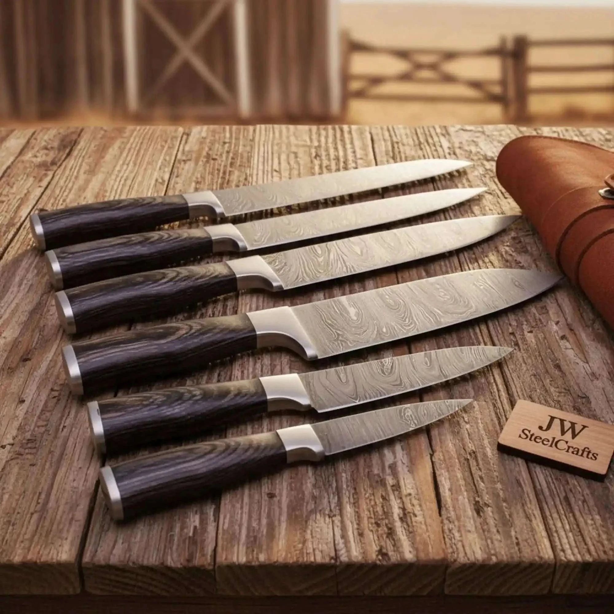 Palmarius Outdoors Hand-Forged Damascus Sujihiki Slicer Set — 6 Long Japanese-Style Carving Knives Handmade Chef Knife Sets