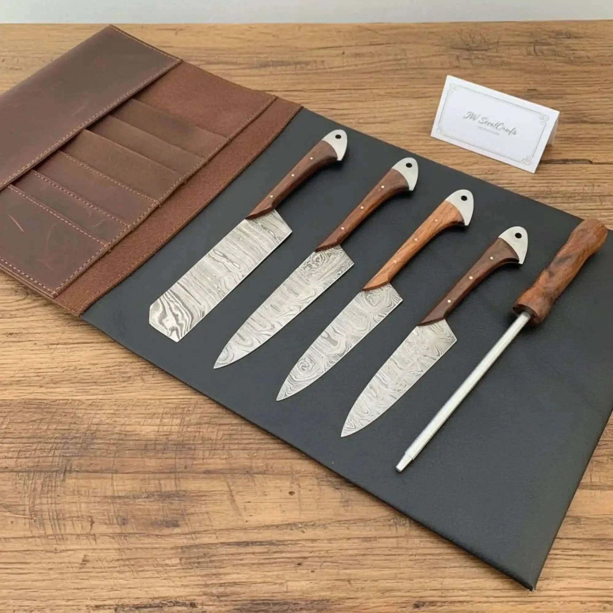 Palmarius Outdoors 4-Piece Damascus Cutlery Knife Set - Wood Grain Damascus Blades Handmade Chef Knife Sets
