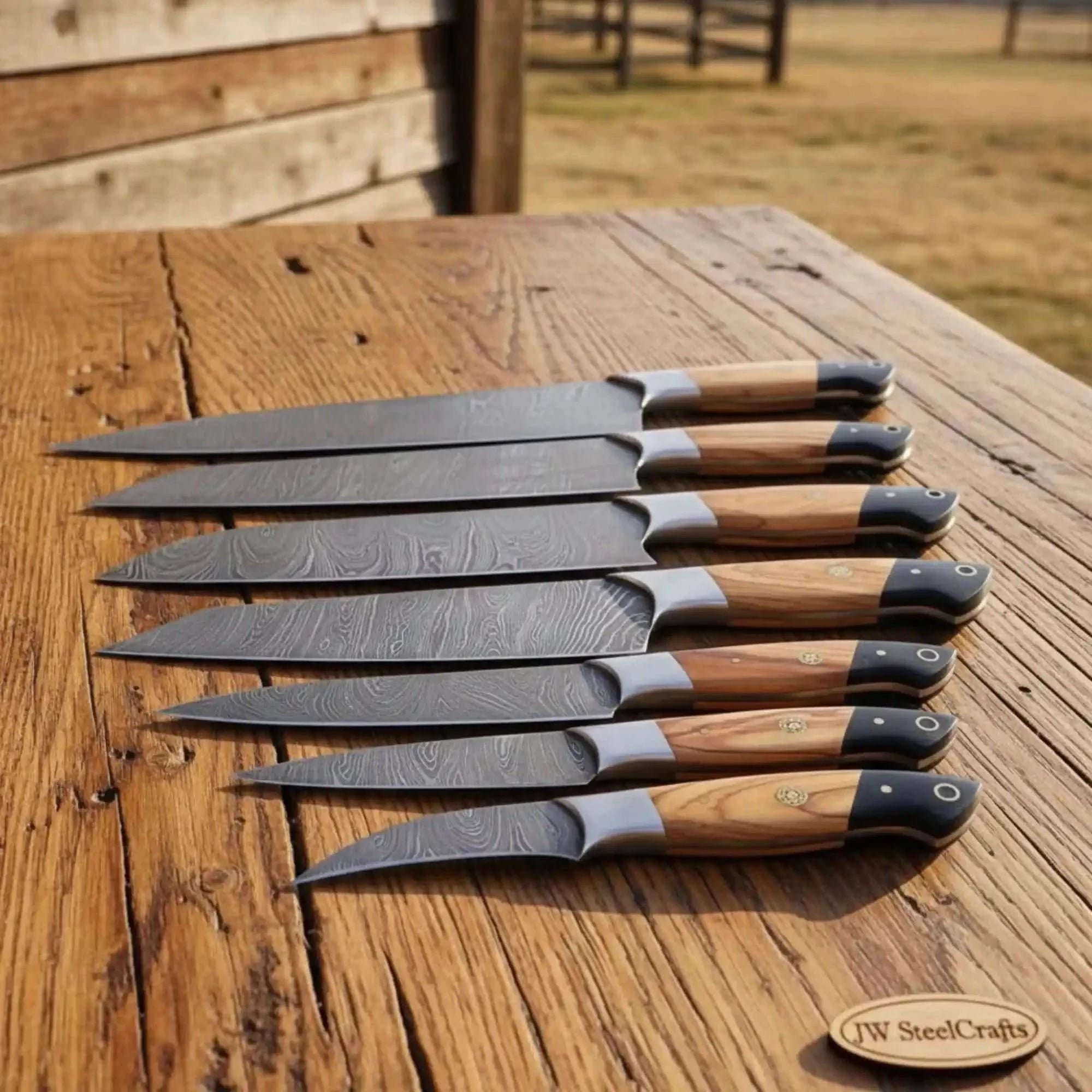 Palmarius Outdoors 8-Piece Damascus Fillet and Precision Knife Set — Olive Wood and Black Resin Handles Handmade Chef Knife Sets