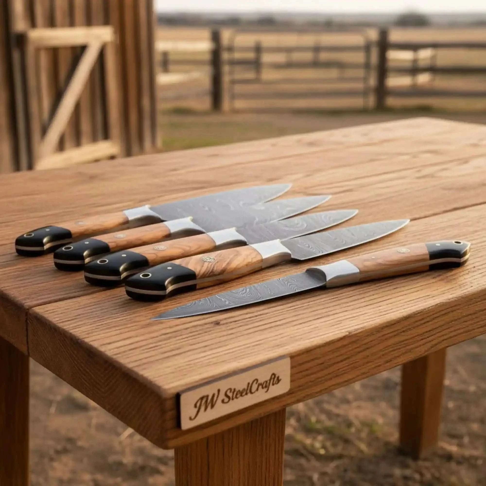 Palmarius Outdoors 8-Piece Damascus Fillet and Precision Knife Set — Olive Wood and Black Resin Handles Handmade Chef Knife Sets